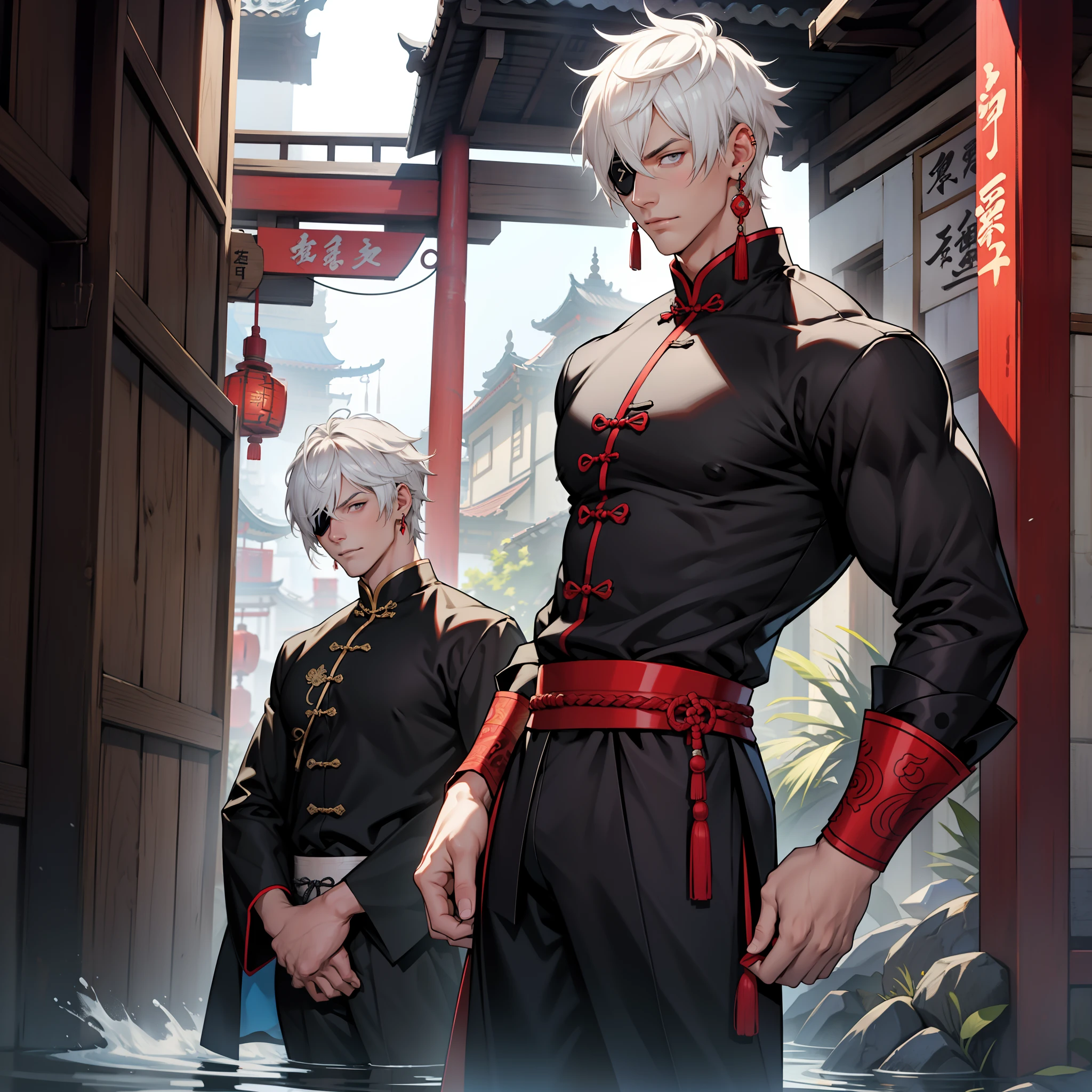 Handsome male. 6 ft 5 tall man. White hair. Short hair. Grey eyes. Eyepatch. Earrings. Toned body. Muscular male. Traditional chinese clothes. Genshin Impact. Wears eyepatch. Hydro vision. Bulge in pants