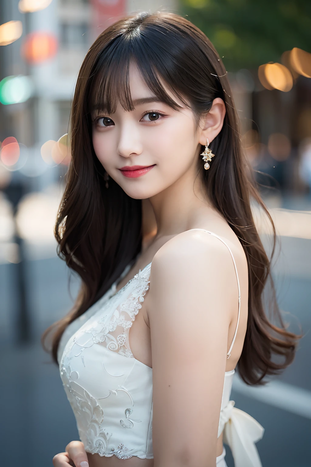 (top-quality、8K、32K、​masterpiece、nffsw:1.2)、Random posture、(extremely delicate and beautiful work)、(​masterpiece)、One girl、large full breasts、Highly Detailed Elegant Wedding Dresses、tiarra、veils、A highly detailed、A charming expression、Beautiful and clear eyes、Green pupil、delicate necklaces、Delicate earrings、Simple blurry background、chies、Description of extreme details、Beautiful fece、A charming、Ultra-fine painting、delicated face、Delicate figure、thin clavicle、Beautiful lips、Soft back view、mix4、(8K、Raw photography、top-quality、​masterpiece:1.2), (reallistic, Photorealsitic:1.37),1girl in,Cute,Cityscape, natta, Sateen, Wetty, Professional Lighting, Photon mapping, Radio City, physically-based renderingt, The whole body is shown、(A smile:1.1)