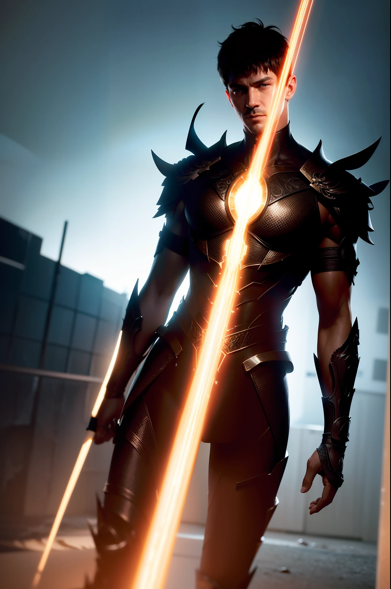 **3D Visual, A stunning full-body portrait of Gerrard Butler as Leonidas in the movie 300 in the middle of an intense night battle. Nightmare. Japanese style. Cyberpunk. lightning. The dynamic composition shows the powerful and fluid movements, with soft tones that add to the dramatic action. impressive, surreal, cinematic lighting, cinematic photos, extremely detailed and complex, VFX volume mist around, night, super max, surreal, super detailed, high contrast, Rtx on, Hdr, photography, realistic, dof on, fov on, motion blur, lens flares on, 50mm Prime f/1. 8, White balance, Super resolution, Megapixel, ProPhoto RGB, VR, high, epic, half backlighting, backlights, natural lighting, incandescent light, fiber optics, ambient lighting, cinema lighting, studio lighting, soft lighting, volumetric, contrast, dark lighting, highlight lighting, global projection global lighting, global screen space lighting, global ray tracing lighting, red fringing light, 45% cool color gradation, optical, scattering, Brightness, Shadows, hyperrealism, Caustic water, water refraction, exquisite detail, intricate - detailed, ultra-detailed photography, high-sharpness, high-reflection, award-winning photography - award-winning
