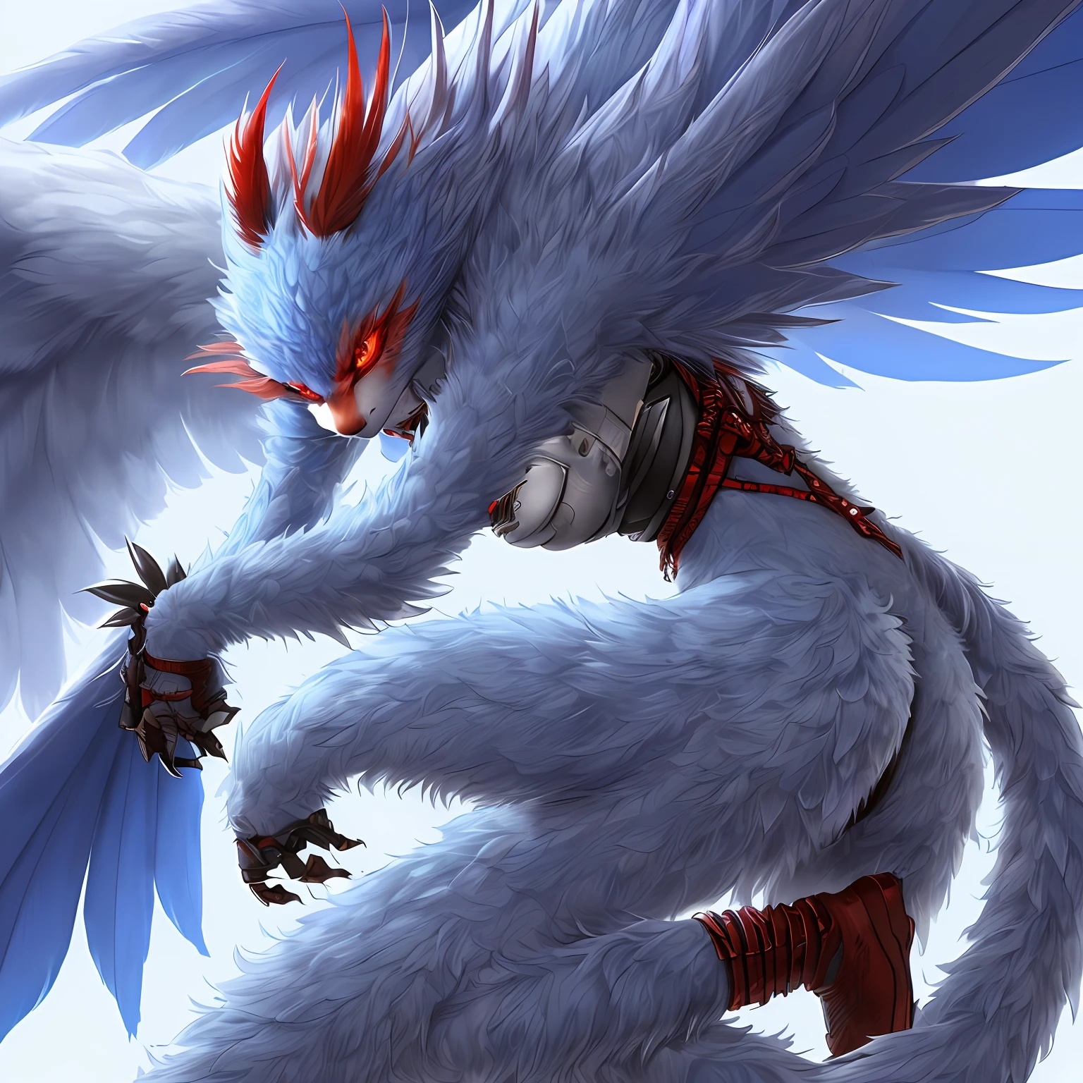 (Furry)(Fluffy legs of the character)(The tail is long)(red-eyes)(blue skin color)(Cyberpunk style)(higly detailed)(Sexy)(Not a monster)(Devian art)(The human species)(Human Growth)(The feathers are blue)(Incredibly attractive)(Female gender)(without wings)