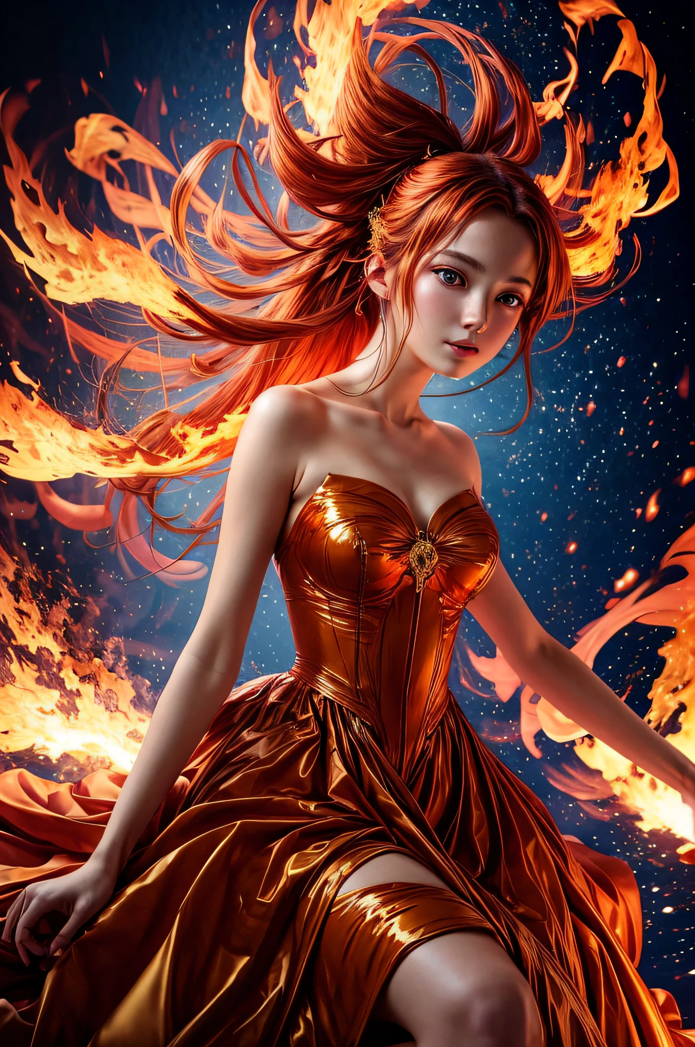 Step into a captivating scene featuring an anime girl seated on a floating platform, as vibrant fire particles ignite the air around her, creating a dazzling and dynamic atmosphere. The creative lighting style bathes her in a radiant, fiery glow, harmonizing with the swirling fire particles. Crafted with exquisite detail and rendered in breathtaking 10k high resolution, this masterpiece blends the art mediums of digital illustration, fire effects, particle simulation, and post-processing techniques. Drawing inspiration from the styles of Anime, Mystical Realism, and Contemporary Surrealism, it captures the fiery and ethereal beauty of an anime girl amidst the dancing flames, where fire particles elevate the sense of magic and wonder.