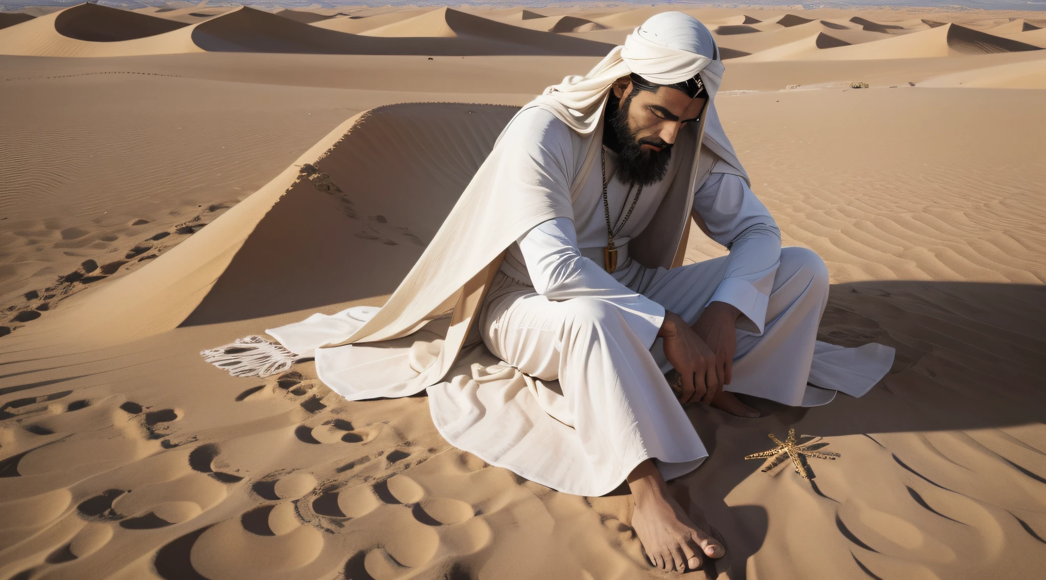 Jesus Christ sitting on a blanket in the desert at night, um anjo vigiando, fariseu, Ruler of Nazareth, Homem judeu, pobre, In the desert at nightnext to the Gulf, holy man looking down at the ground,  In the desert at night, somewhere on the desert sands at night, in the middle of the desert at night, foto de retrato