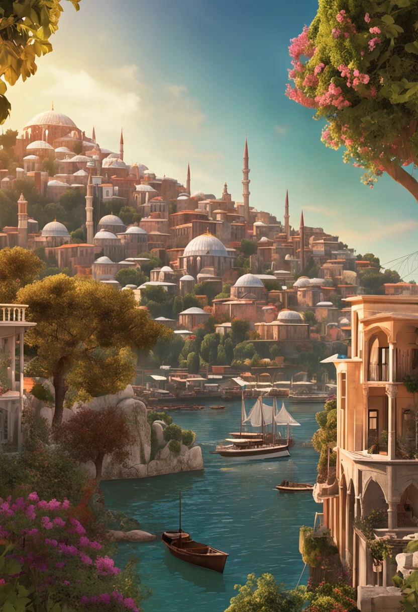 Enchanting view of the city of constantinople (0.2), magnificent domes and minarets reaching the sky (0.15), Byzantine mosaics glistening in the sun (0.1), surrounded by lush gardens in full bloom (0.15), distant silhouette of the Istanbul cityscape (0.1), calm waters of the Bosphorus in the foreground (0.1), sunset tones painting the scene in warm colors (0.1), rendered in the artistic styles of the impressionist traits of Claude Monet (0.05) and in the idyllic, light-infused setting of Thomas Kinkade (0.05)