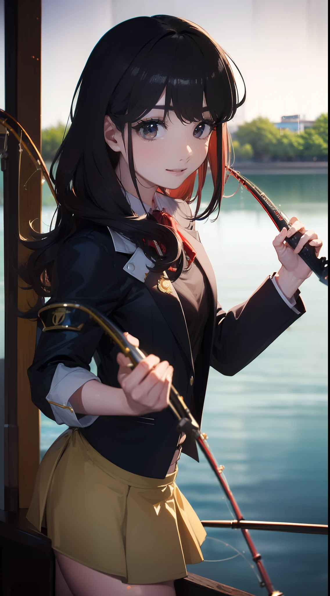 ((((Have a fishing rod with a reel by the lake:1.5)))),((1 female 22 years old))((Best Quality, masutepiece :1.5)),(((Hands with the correct number and structure of fingers:1.4))),hight resolution,ultra-detailliert,masterpiece,best qualtiy,,Black hair, long eyeslashes, Solid Circle Eyes, Smiling Woman, drop shadow, Atmospheric perspective,Super Detail, ccurate, small brest,(Black jacket :1.1),top-quality, blurry backround, bokeh dof:1.2, (masterpiece:1.3), Atmospheric perspective,Super Detail,dynamic compositions,High-resolution image quality、top-quality、masterpiece、illustratio、extremely delicate and beautiful、extremely details CG、Buzz with PXIV、wall-paper、(realisitic、Photorealsitic:1.37)、astonishing、finely detail、masterpiece