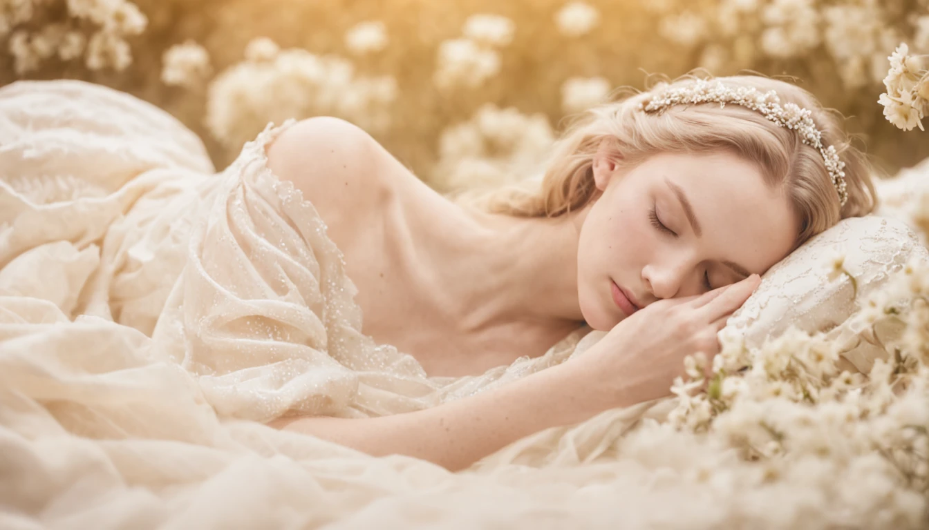 sleeping beauty、Millet's paintings「ophelia」Lying like、Woman sleeping peacefully、White robe、Loosely curled blonde、Particles of light flying around、The halo is shining、Golden background、Soft bed、((bokeh dof))、It is overflowing with flowers and plants、depth of fields、Realistic