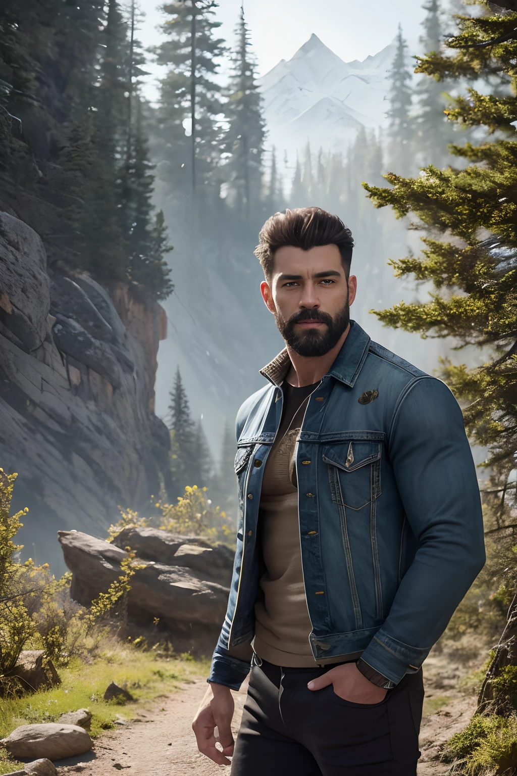A character portrait [handsome man, hairy body, alpha male, huge biceps, ripped abs, black jeans, denim jacket, sneakers, sunny mountain road] 4k, high detailed, beautiful, dark age, art by Stanley artgerm, by Daniel f gerhartz, by pino daeni, highly detailed, sharp focus.