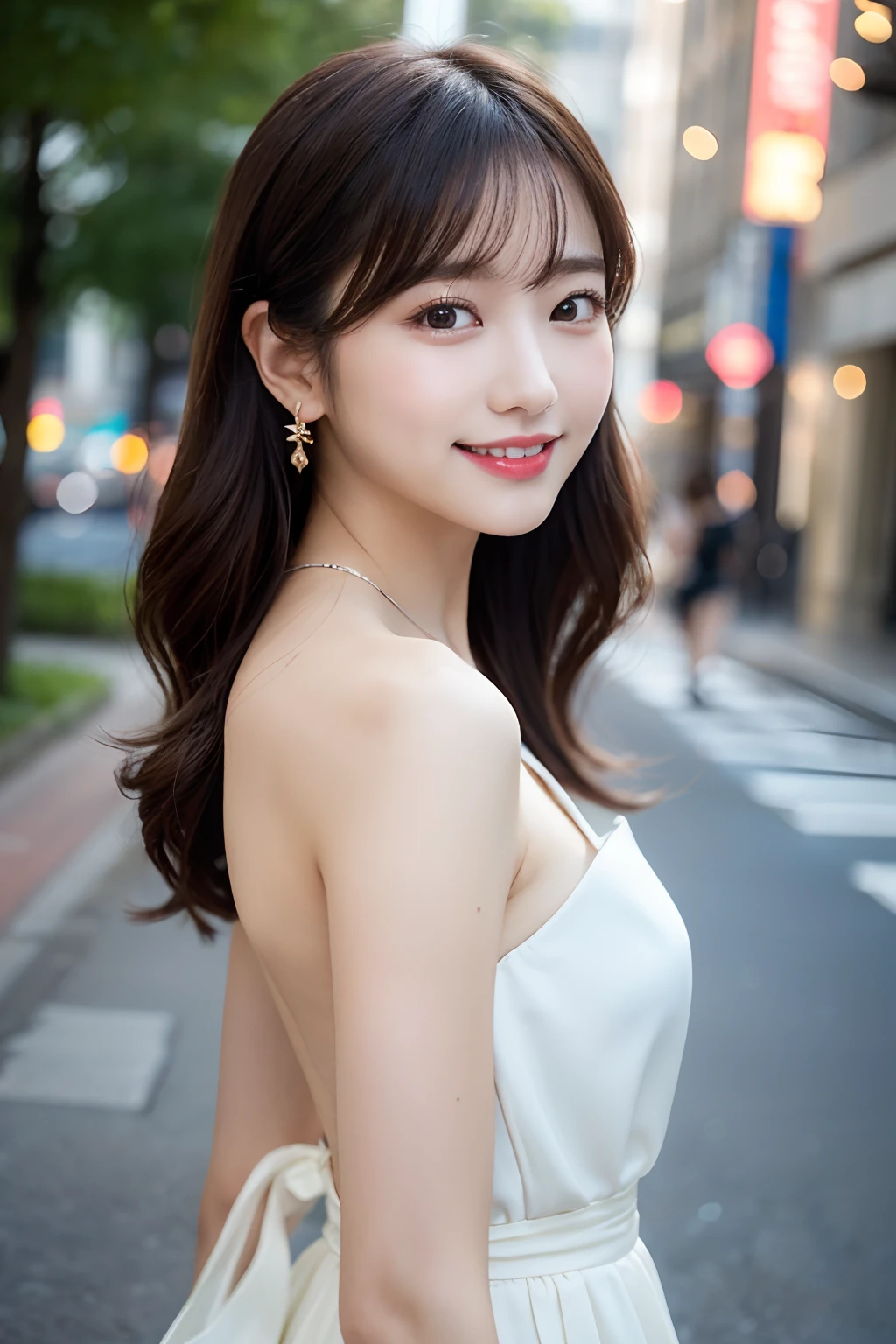 (top-quality、8K、32K、​masterpiece、nffsw:1.2)、Random posture、(extremely delicate and beautiful work)、(​masterpiece)、One girl、large full breasts、Highly Detailed Elegant Wedding Dresses、tiarra、veils、A highly detailed、A charming expression、Beautiful and clear eyes、Green pupil、delicate necklaces、Delicate earrings、Simple blurry background、chies、Description of extreme details、Beautiful fece、A charming、Ultra-fine painting、delicated face、Delicate figure、thin clavicle、Beautiful lips、Soft back view、mix4、(8K、Raw photography、top-quality、​masterpiece:1.2), (reallistic, Photorealsitic:1.37),1girl in,Cute,Cityscape, natta, Sateen, Wetty, Professional Lighting, Photon mapping, Radio City, physically-based renderingt, The whole body is shown、(A smile:1.1)