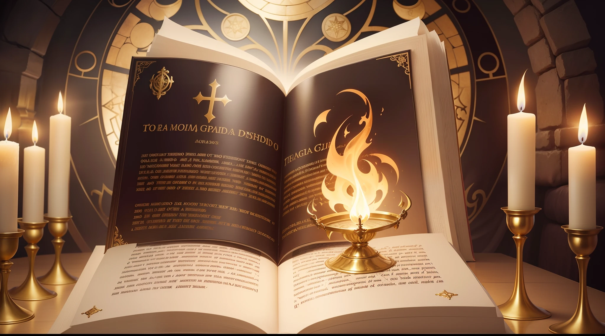 An ancient Holy Bible, The candles are lit in a gold-framed book, open magic book glowing, magic book, Iluminado com velas, black magic spells, holy fire spell art, spell book, spell casting wizard, holy flame spell, spell casting, spells magic, Spells and magical weapons, biblical art lighting, captura de tela de alta qualidade, com detalhes dourados, tudo em ouro e prata, Number 3 in Ouro Santo, Incandescent flame over the book in the form of the number 3, Golden scenery, cravejado de ouro e prata, Biblical scenery in the background, art ancient catholic church, symbology of the number 3, Ancient Holy Bible, livro antigo, Velho Testamento