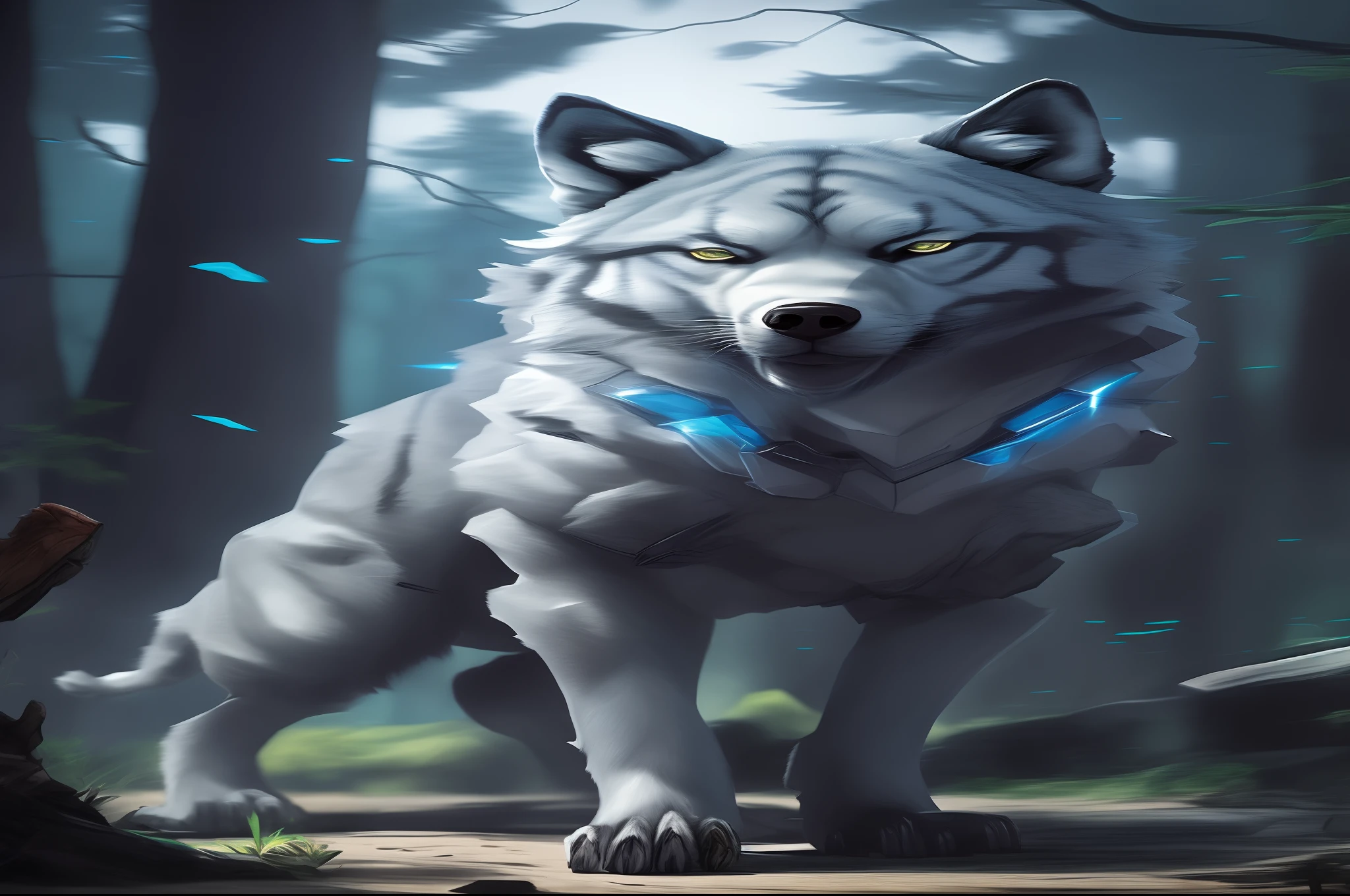 There is a white tiger walking in the forest with blue eyes, retrato do lobo da fantasia, arte de fantasia digital 2d detalhada, arte oficial altamente detalhada, grande lobo, um lobo minotauro, Directed by: Adam Marczyński, Directed by: Galen Dara, lobo peludo, Armadura do Lobo, lobo azul, arte de fantasia peluda, bom menino gigante mecha wolf hound, dire wolf