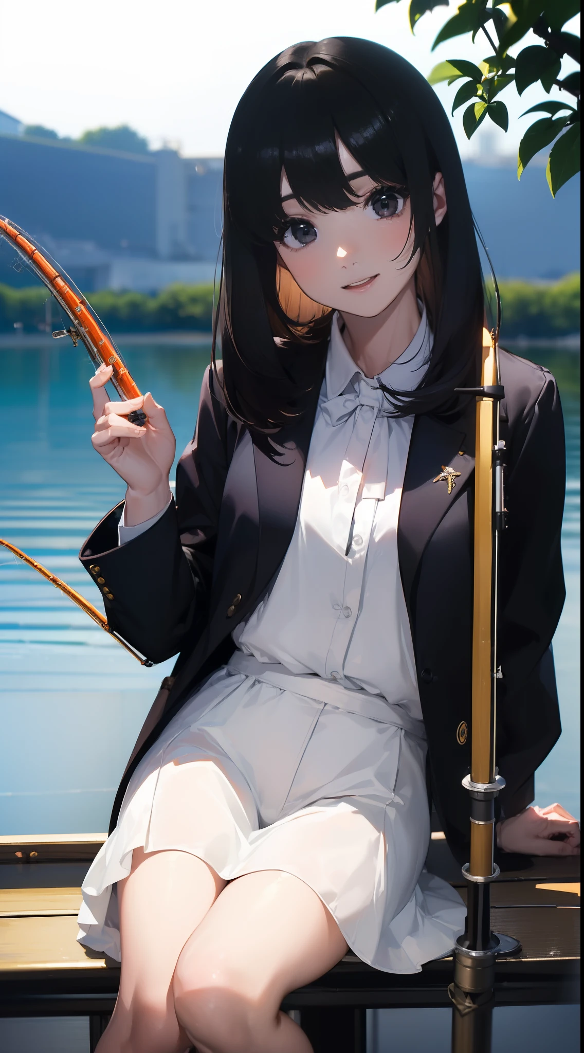 ((((Have a fishing rod with a reel by the lake:1.5)))),((1 female 22 years old))((Best Quality, masutepiece :1.5)),(((Hands with the correct number and structure of fingers:1.4))),hight resolution,ultra-detailliert,masterpiece,best qualtiy,,Black hair, long eyeslashes, Solid Circle Eyes, Smiling Woman, drop shadow, Atmospheric perspective,Super Detail, ccurate, small brest,(Black jacket :1.1),top-quality, blurry backround, bokeh dof:1.2, (masterpiece:1.3), Atmospheric perspective,Super Detail,dynamic compositions,High-resolution image quality、top-quality、masterpiece、illustratio、extremely delicate and beautiful、extremely details CG、Buzz with PXIV、wall-paper、(realisitic、Photorealsitic:1.37)、astonishing、finely detail、masterpiece