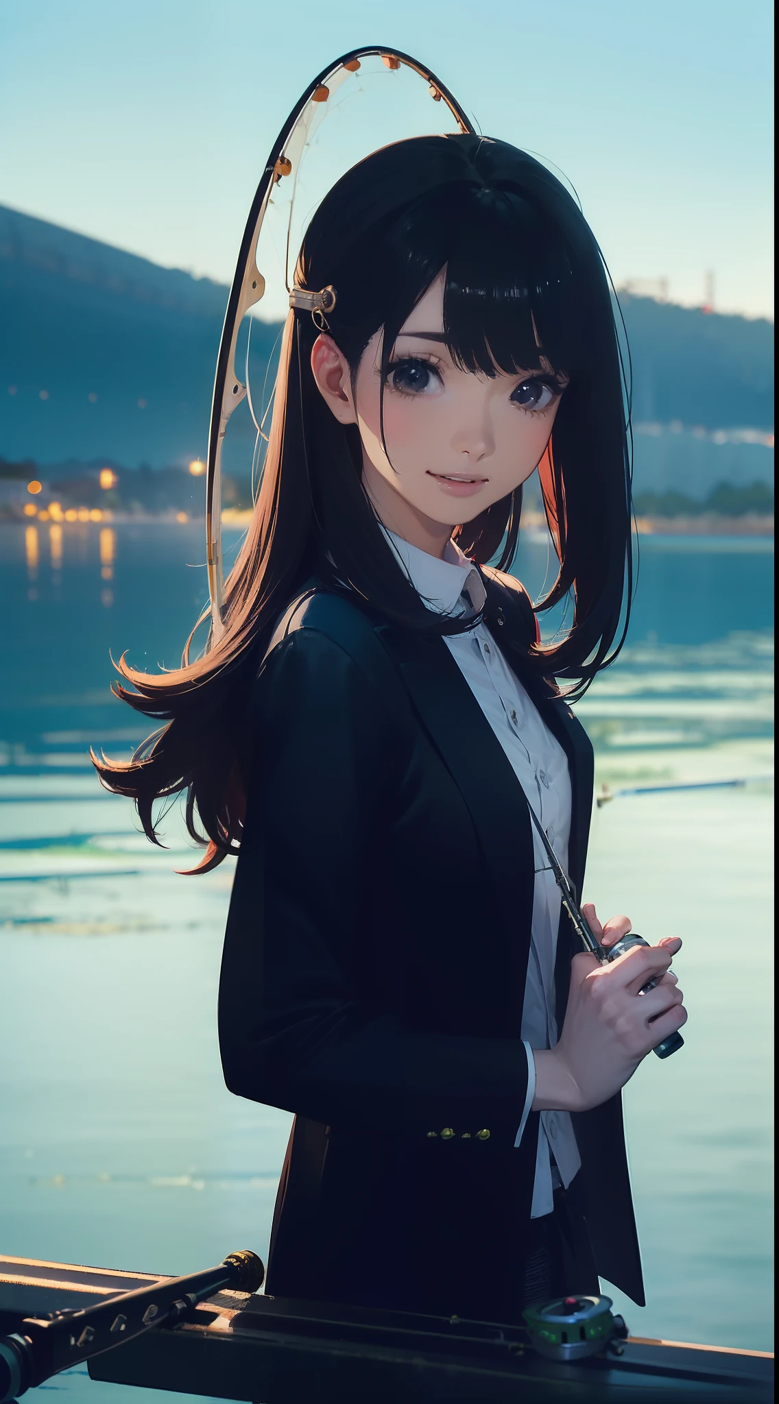 ((((Have a fishing rod with a reel by the lake:1.5)))),((1 female 22 years old))((Best Quality, masutepiece :1.5)),(((Hands with the correct number and structure of fingers:1.4))),hight resolution,ultra-detailliert,​masterpiece,best qualtiy,,Black hair, long eyeslashes, Solid Circle Eyes, Smiling Woman, drop shadow, Atmospheric perspective,Super Detail, ccurate, small brest,(Black jacket :1.1),top-quality, blurry backround, bokeh dof:1.2, (​masterpiece:1.3),  Atmospheric perspective,Super Detail,dynamic compositions,High-resolution image quality、top-quality、​masterpiece、illustratio、extremely delicate and beautiful、extremely details CG、Buzz with PXIV、wall-paper、(realisitic、Photorealsitic:1.37)、astonishing、finely detail、​masterpiece