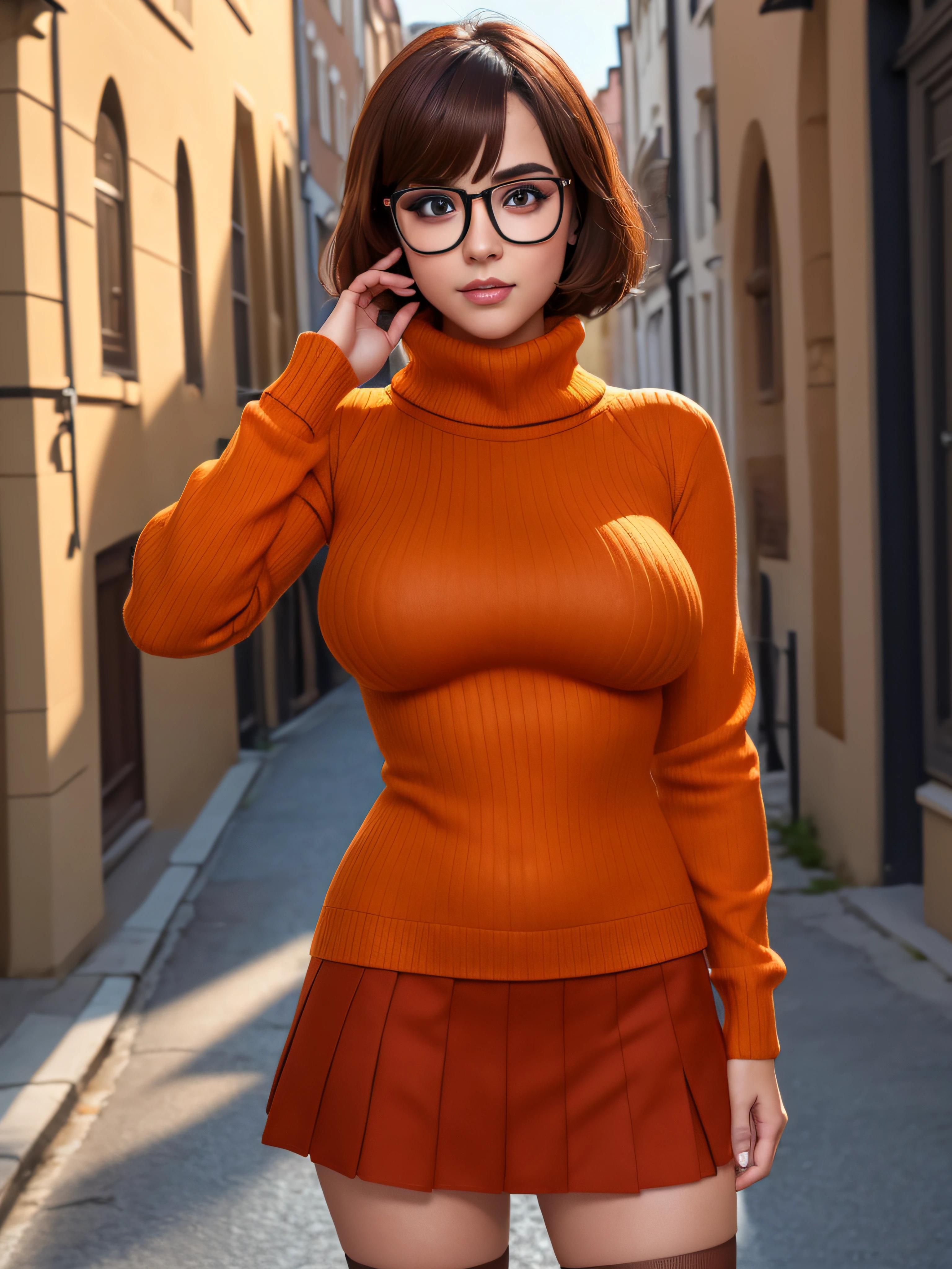 (masterpiece:1.2), (best quality), (ultra detailed), (8k, 4k, intricate),(full-body-shot:1), (highly detailed:1.2),(detailed face:1.2), (detailed background),detailed landscape, ((portrait)), (dynamic pose:1.2) velma, 1girl, solo, breasts, looking at viewer, short hair, skirt, large breasts, brown hair, brown eyes, pantyhose, pleated skirt, glasses, sweater, turtleneck, ribbed sweater, turtleneck sweater, orange shirt, orange sweater,((upper body))