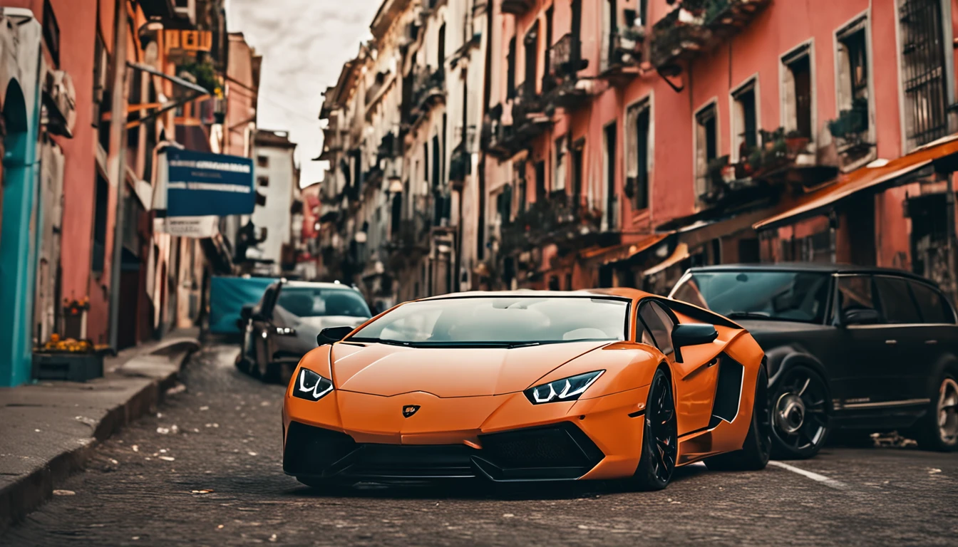 Um close up de um carro Lamborghini estacionado em uma rua da cidade, wallpaper mobile, cinematic poster, papel de parede do telefone, como matriz, cartaz motivacional,cor preta lamborghini carro, money raining from the sky,cinematic wallpaper 4k, cinematic 4k wallpaper, Matriz LUT, poster!!!, GTA V Estilo Poster, fotografia automotiva, cinematic matte illustration, matte digital illustration, paper awesome wallpaper, cartaz de filme de pintura fosca, gta arte da tela de carregamento, wallpaper mobile