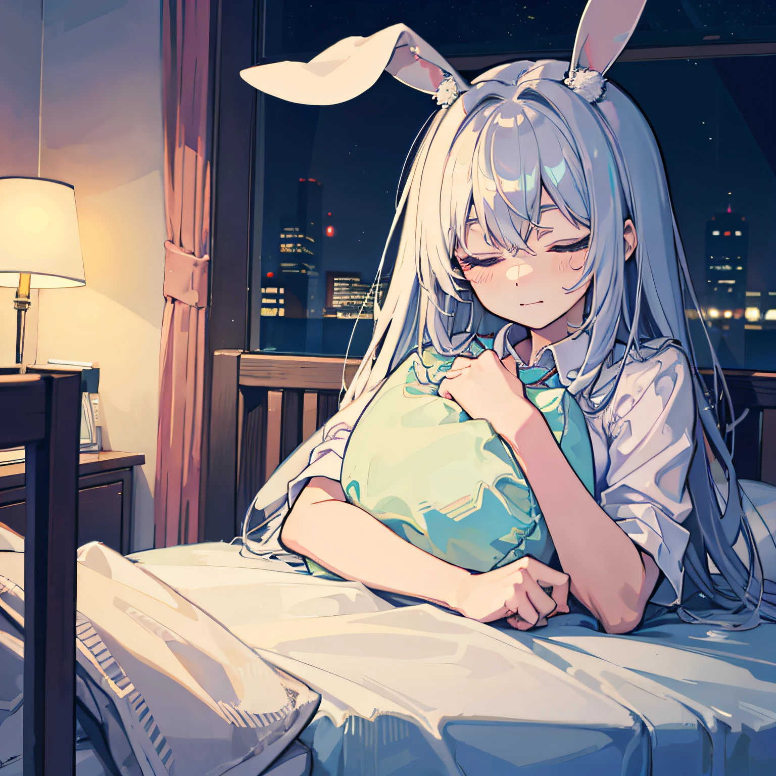 Rabbit-eared girl　s asleep　Happy sleeping face　In the bed　inside in room　by night　murky