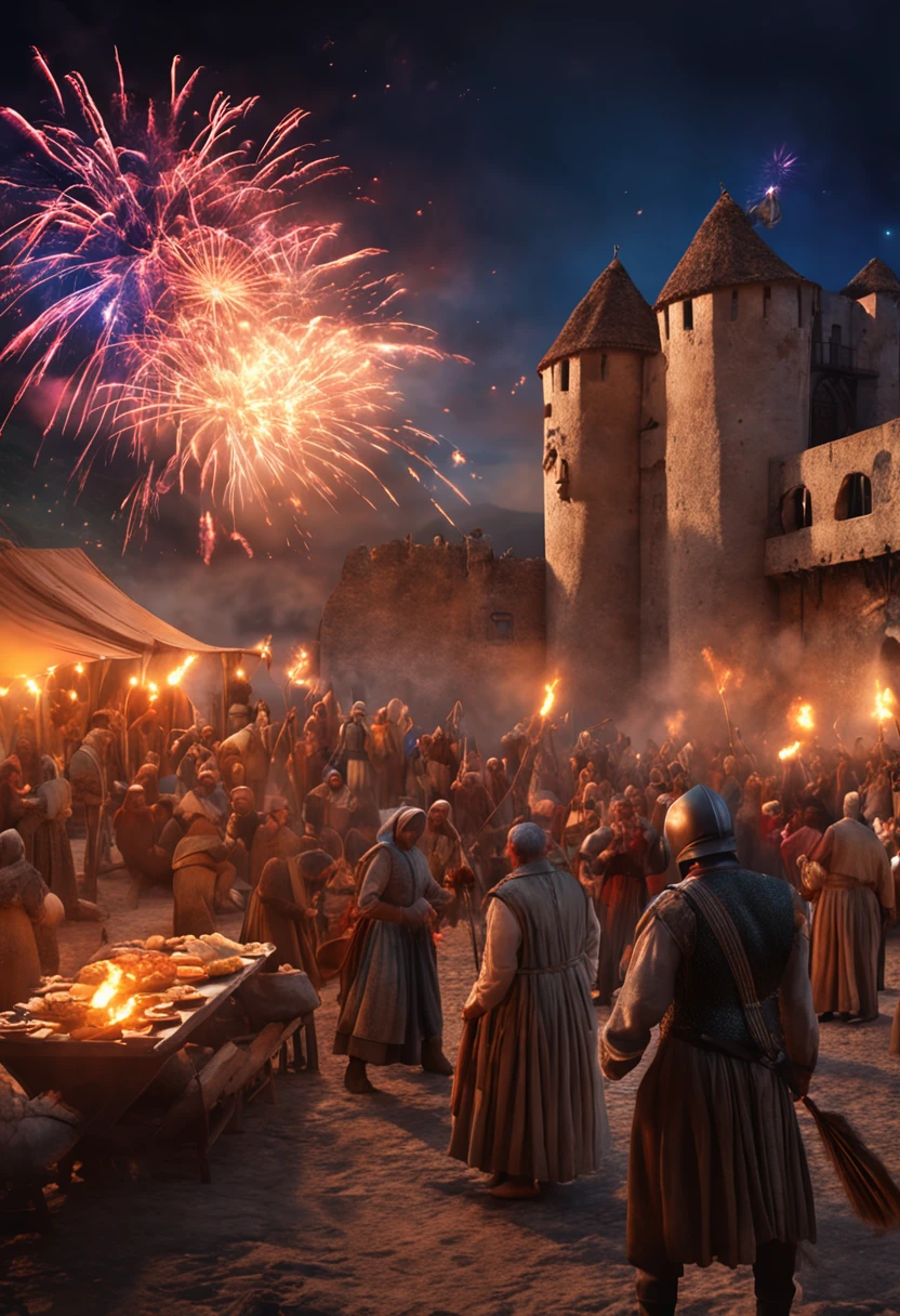 Um festival de magia medieval, saudando guerreiro, trazendo tesouro, The night sky is illuminated with a spectacular fireworks display, Mesa com comida, dancing people, festa. The scene is depicted in high definition with realistic details and vivid colors.
