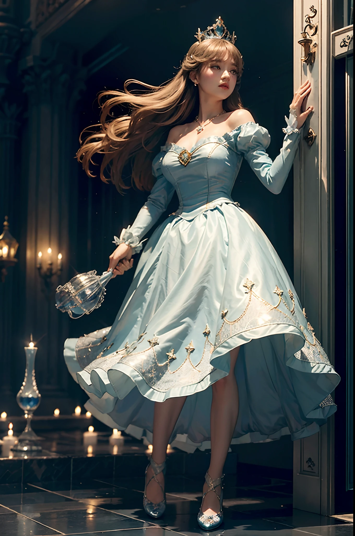 ((Glass shoes、Cinderella、Background castle、ultra-detailliert))、high-level image quality、Poetic、Dreamy Light、Antique atmosphere