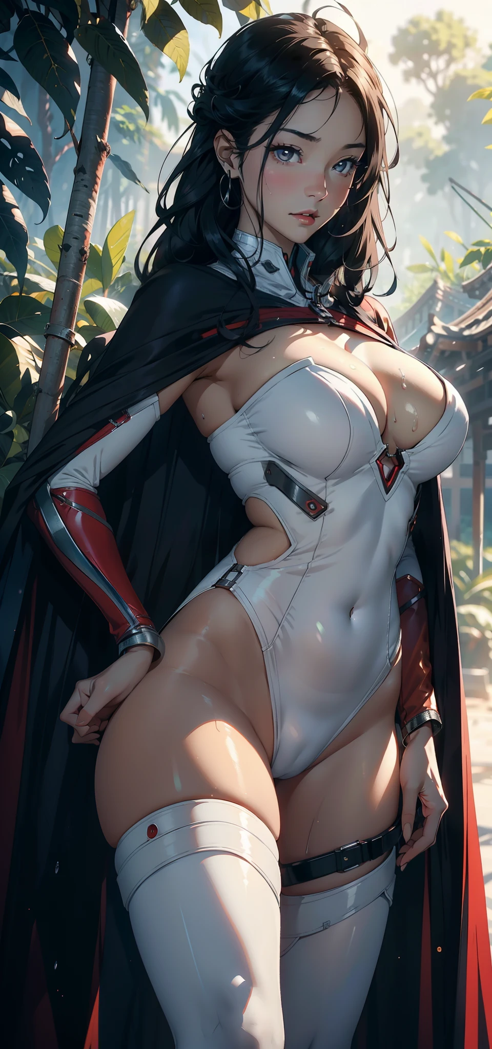 2 women's beauty pageants,25 age old,Large breasts,Pornographic exposure, 独奏,(Background with:ln the forest,the rainforest,in summer) with his long black hair,standing on your feet,Sweat profusely,drenched all over the body,seen from the front, curlies, mostly cloudy sky,(((tmasterpiece),(Very detailed CG unity 8K wallpaper),best qualtiy,cinmatic lighting,detailed back ground,beatiful detailed eyes,Bright pupils,(Very fine and beautiful),(Beautiful and detailed eye description),ultra - detailed,tmasterpiece,)),facing at camera,A high resolution,ultra - detailed),revealing breasts,Bare genitalia, Bulge,Camel toes,Raised sexy,Flushed complexion,Open-mouthed,frontage,girl soldier,(Wearing:White military uniform,Pantyhose,Red cape)nakeness,high-heels,Mechanical prosthetics,cyber punk perssonage
