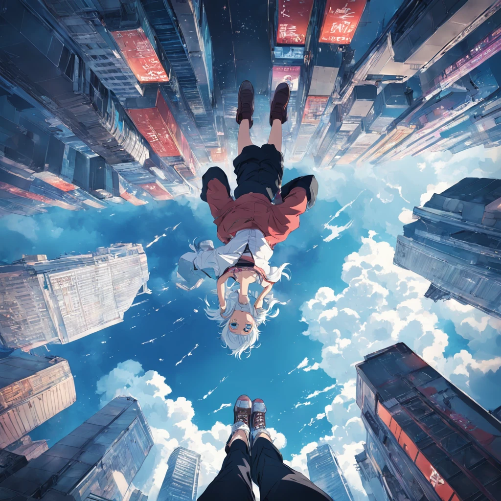 Upside down, walking on clouds, anime, cinematic, skyscrapers upside down, walking on sky, upside down shot