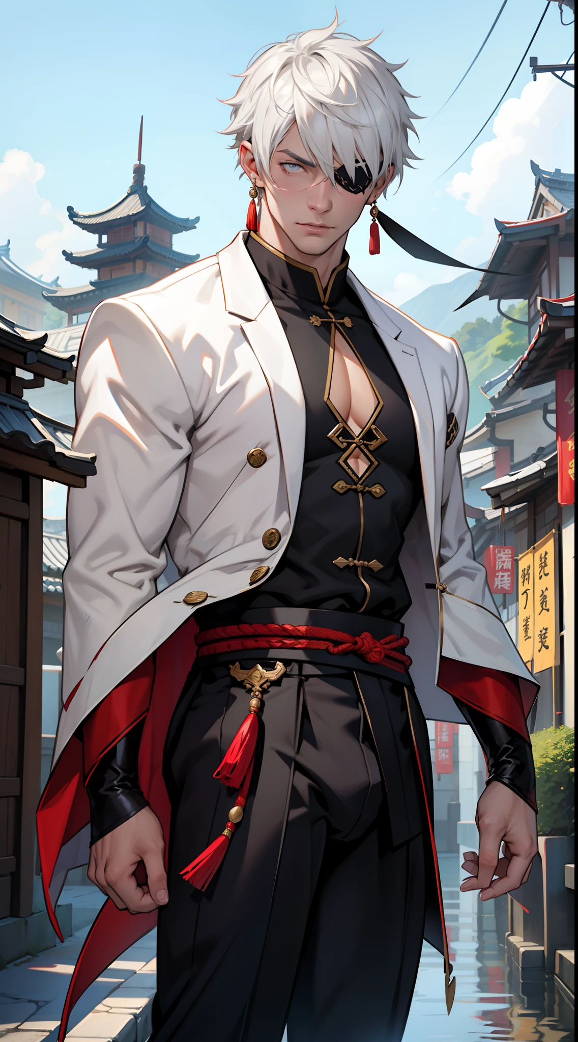 Handsome male. 6 ft 5 tall man. White hair. Short hair. Grey eyes. Eyepatch. Earrings. Toned body. Muscular male. Traditional chinese clothes. Genshin Impact. Wears eyepatch. Hydro vision. Bulge in pants