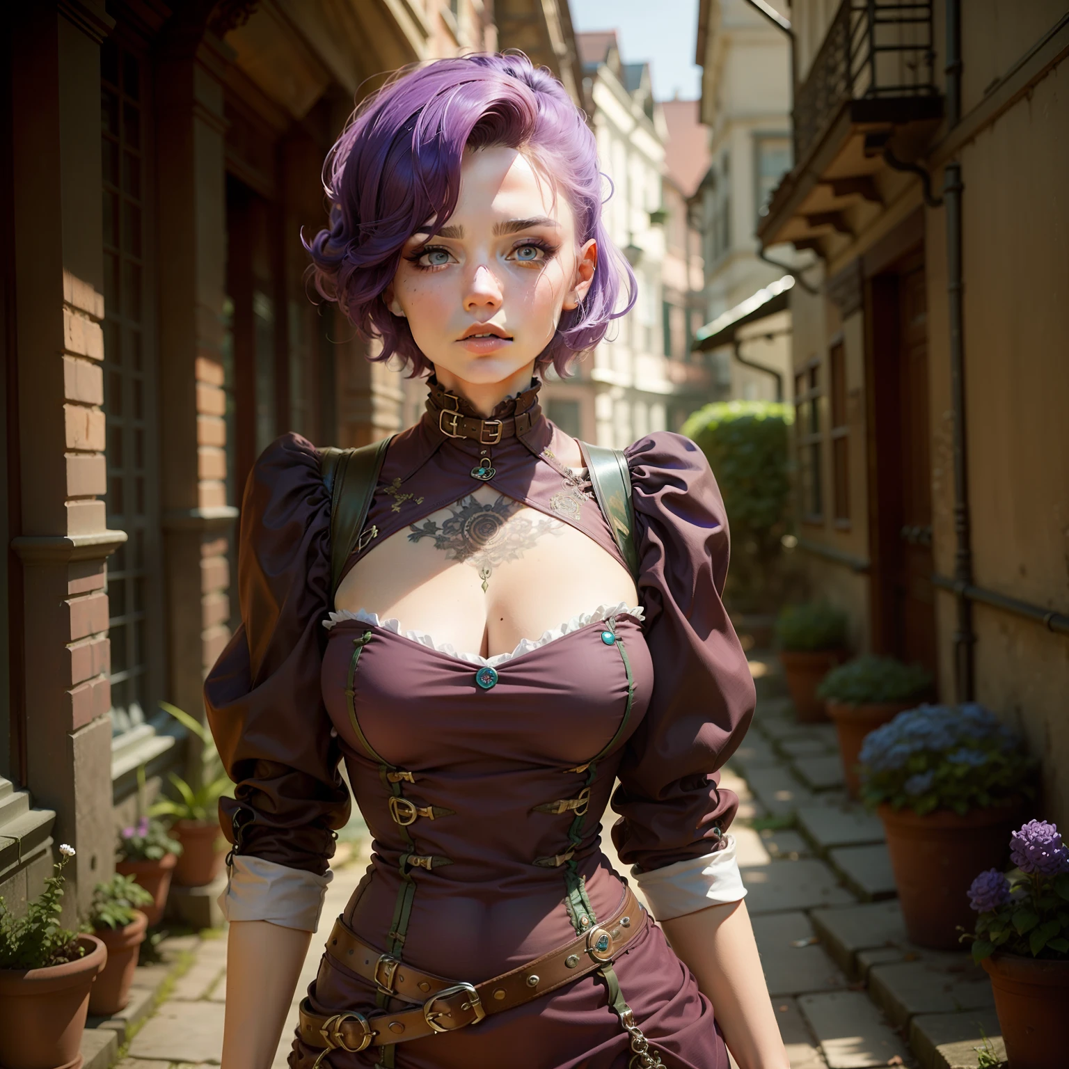 Woman held with short hair evlilás, mulher realizada, cabelo verde, steampunk, mulher adulta, olho azul, realistas, olhos azuis, corpo inteiro, cabelo curto, lilac hair