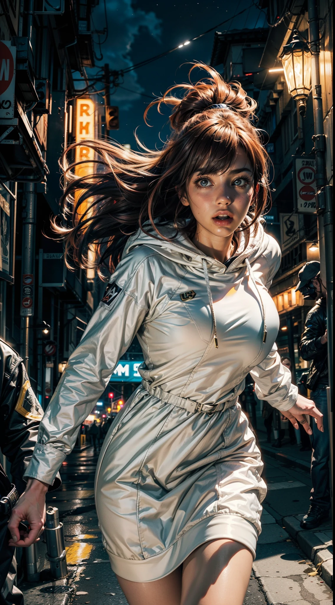 Close up image of 2 subjects, 1girl with auburn colored hair, wearing long sleeve white dress with hood, (running towards camera), (woman looks scared), frightened, running for her life, running away from man wearing armor, getting grabbed by man, down a dirty city alley, futuristic city at (night:1.4), blue and yellow neon signs, chase scene, action scene, thick outlines, comic book style, dynamic camera angle, realistic skin, realistic hands, perfect hands, action lines, motion blur background