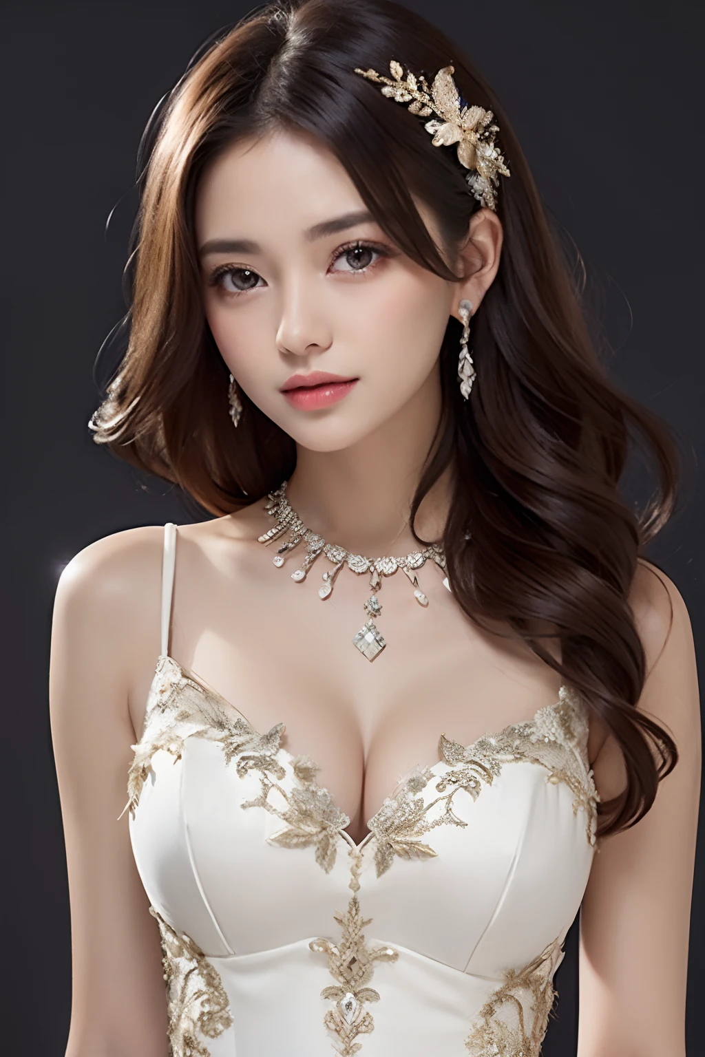 (8K、Raw photography、top-quality、masterpiece:1.2)、(realisitic、Photorealsitic:1.37)、ultra-detailliert、超A high resolution、1人、see the beholder、beautifull detailed face、A smile、Constriction、(Slim waist) :1.3)、(White Dress),(Luxury Prom Dresses)、hair adornments、Beautiful and well-groomed hairstyle,Thin necklace、Beautiful detailed skin、Skin Texture、floated hair、profetional lighting、(Pale solid color background)、large full breasts