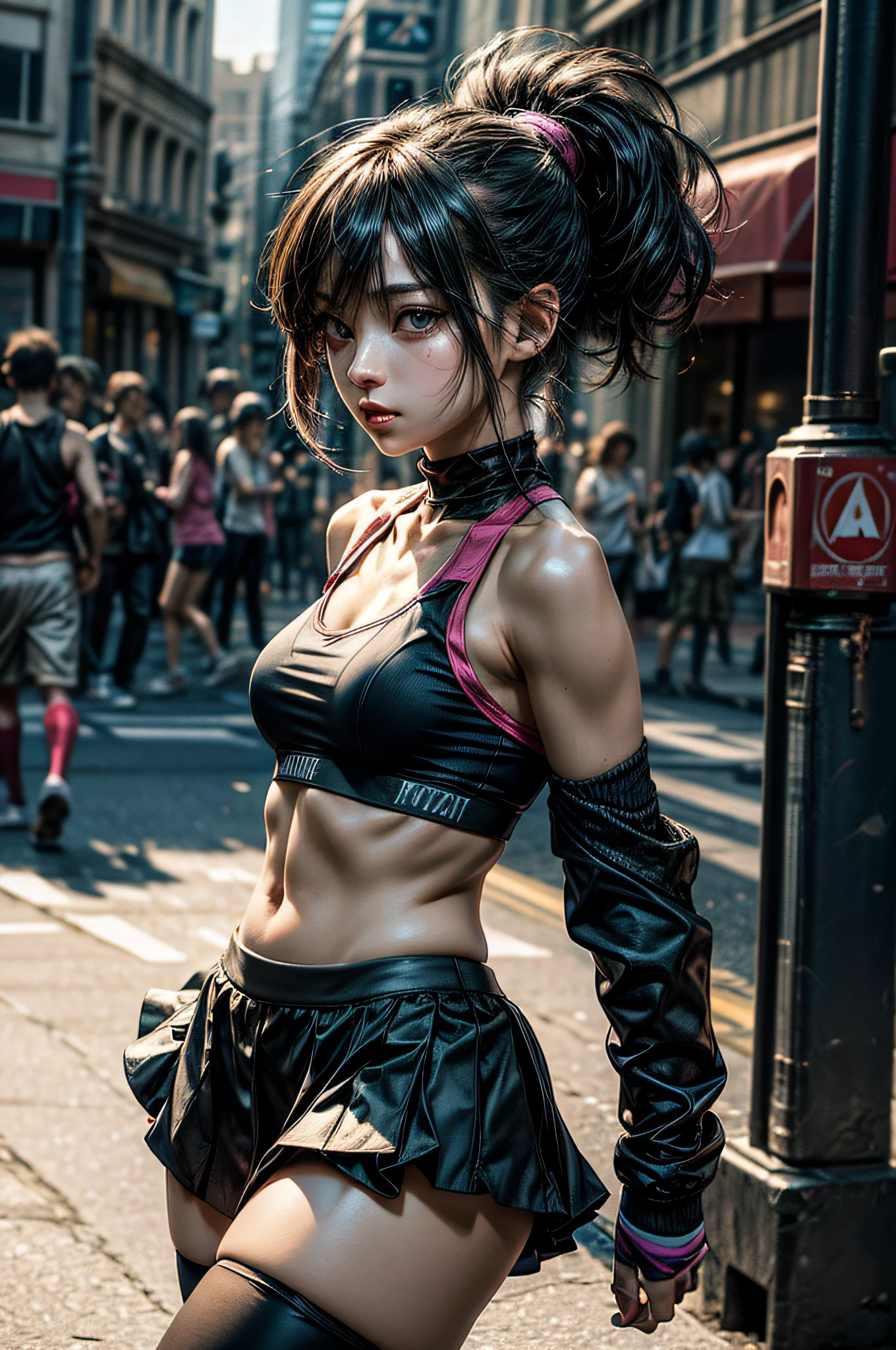 Envision a vibrant scene where an energetic anime girl takes to the streets in a spirited jog, wearing a stylish sports bra and a flouncy short skirt. The creative lighting style enhances the dynamic atmosphere, casting a captivating glow on her as she moves with determination. Meticulously detailed and rendered in astonishing 10k high resolution, this artwork seamlessly blends the art mediums of digital painting, motion capture, and street photography. Drawing inspiration from the styles of Anime, Realism, and Urban Contemporary, it portrays the vivacity and confidence of an anime girl embracing her fitness journey amidst the bustling streets, with her short skirt adding a touch of flair and youthful charm.
