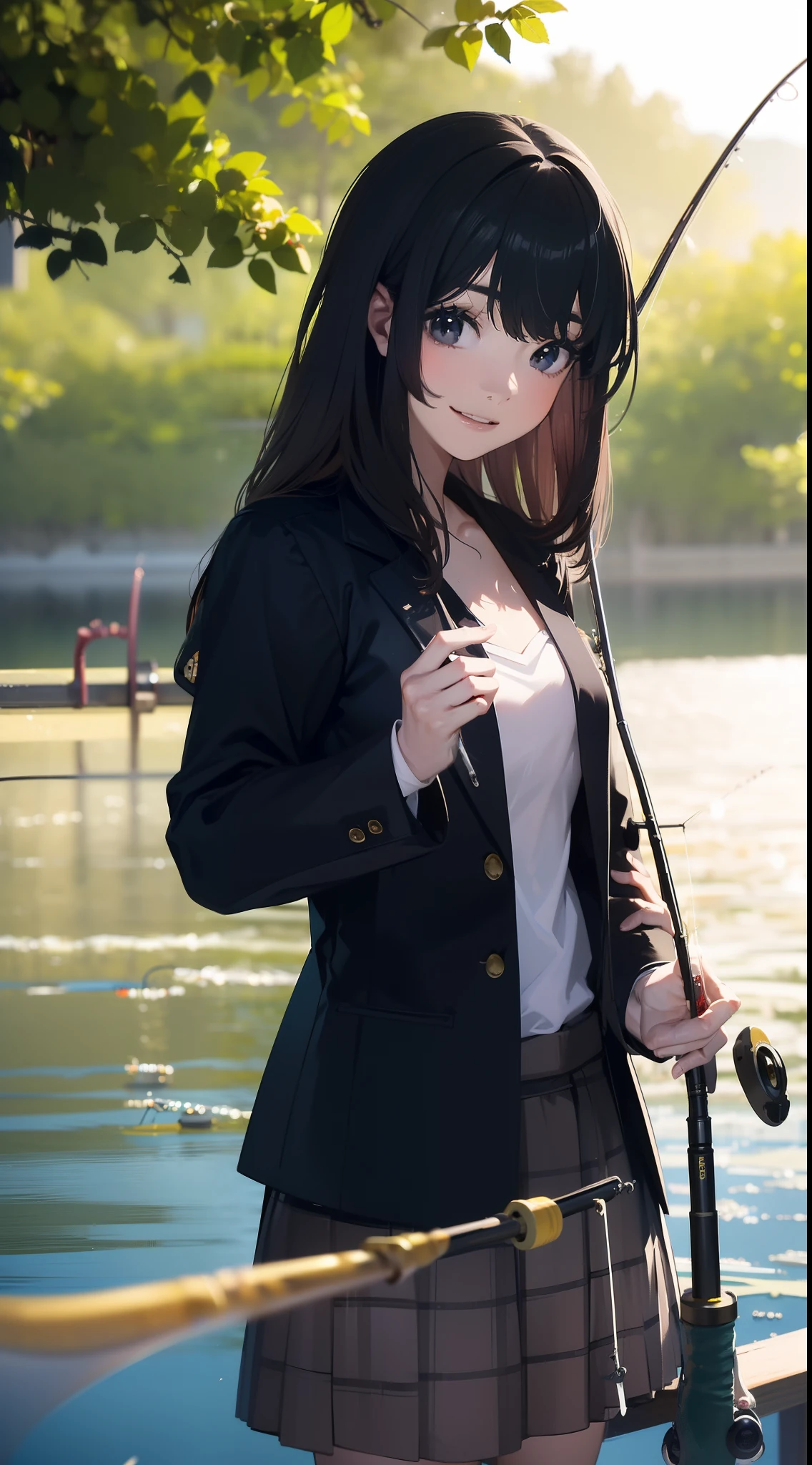 ((((Have a fishing rod with a reel by the lake:1.5)))),((1 female 22 years old))((Best Quality, masutepiece :1.5)),(((Hands with the correct number and structure of fingers:1.4))),hight resolution,ultra-detailliert,​masterpiece,best qualtiy,,Black hair, long eyeslashes, Solid Circle Eyes, Smiling Woman, drop shadow, Atmospheric perspective,Super Detail, ccurate, small brest,(Black jacket :1.1),top-quality, blurry backround, bokeh dof:1.2, (​masterpiece:1.3),  Atmospheric perspective,Super Detail,dynamic compositions,High-resolution image quality、top-quality、​masterpiece、illustratio、extremely delicate and beautiful、extremely details CG、Buzz with PXIV、wall-paper、(realisitic、Photorealsitic:1.37)、astonishing、finely detail、​masterpiece