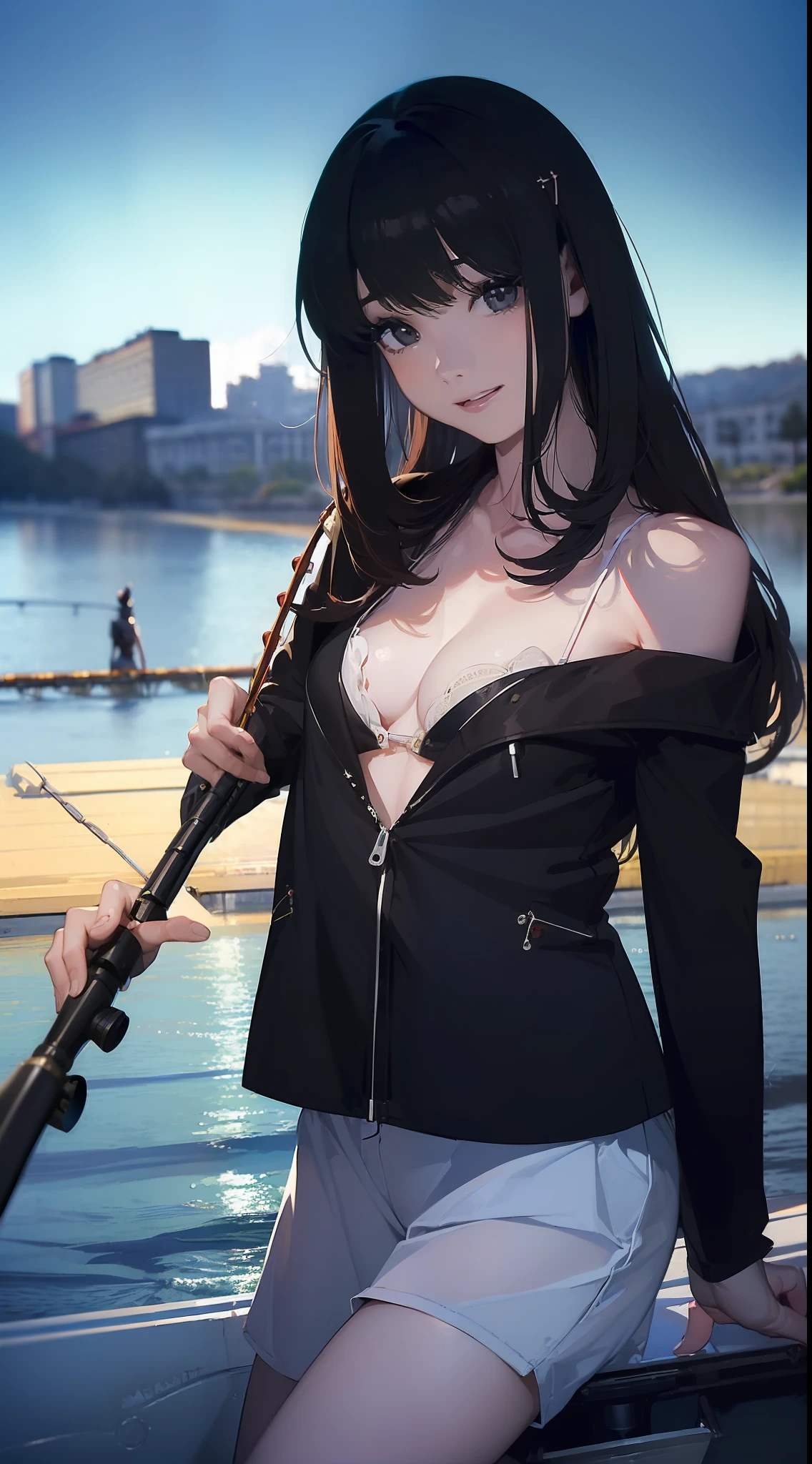 ((((Have a fishing rod with a reel by the lake:1.5)))),((1 female 22 years old))((Best Quality, masutepiece :1.5)),(((Hands with the correct number and structure of fingers:1.4))),hight resolution,ultra-detailliert,masterpiece,best qualtiy,,Black hair, long eyeslashes, Solid Circle Eyes, Smiling Woman, drop shadow, Atmospheric perspective,Super Detail, ccurate, small brest,(Black jacket :1.1),top-quality, blurry backround, bokeh dof:1.2, (masterpiece:1.3), Atmospheric perspective,Super Detail,dynamic compositions,High-resolution image quality、top-quality、masterpiece、illustratio、extremely delicate and beautiful、extremely details CG、Buzz with PXIV、wall-paper、(realisitic、Photorealsitic:1.37)、astonishing、finely detail、masterpiece