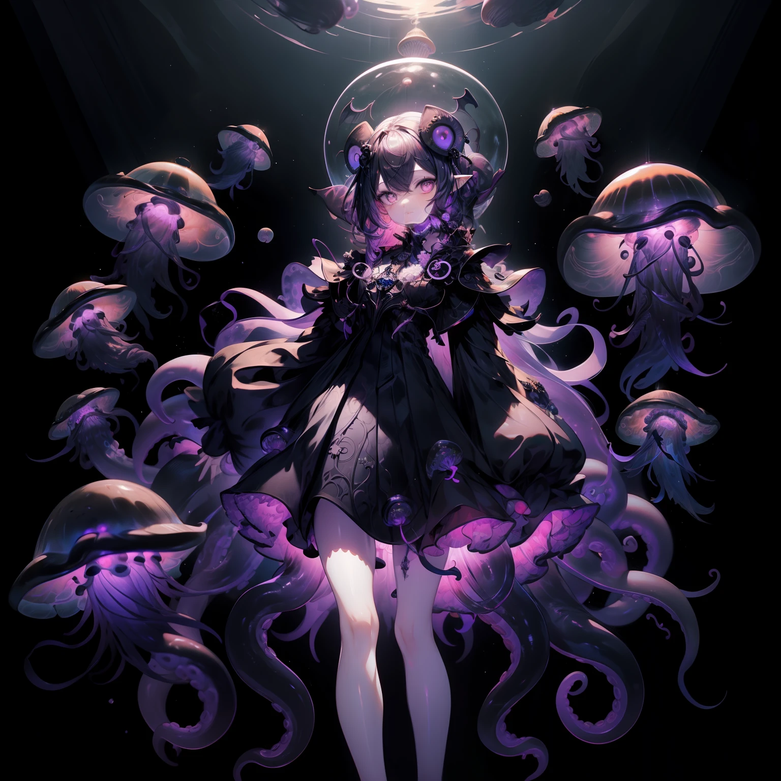 Vampire Squid Girl, Female Solo。black gothic ****ta dress, capes, Purple luminous orb on dress, Jellyfish in a skirt, Bat design of the dress, Countless black jellyfish float, Jellyfish with bat wings, Tentacles from the skirt, One big black jellyfish overhead, nigh sky, fullmoon, Cat ear hair ornament on her head, Two bright balls hair ornaments on her head, Armor Ring,face veil