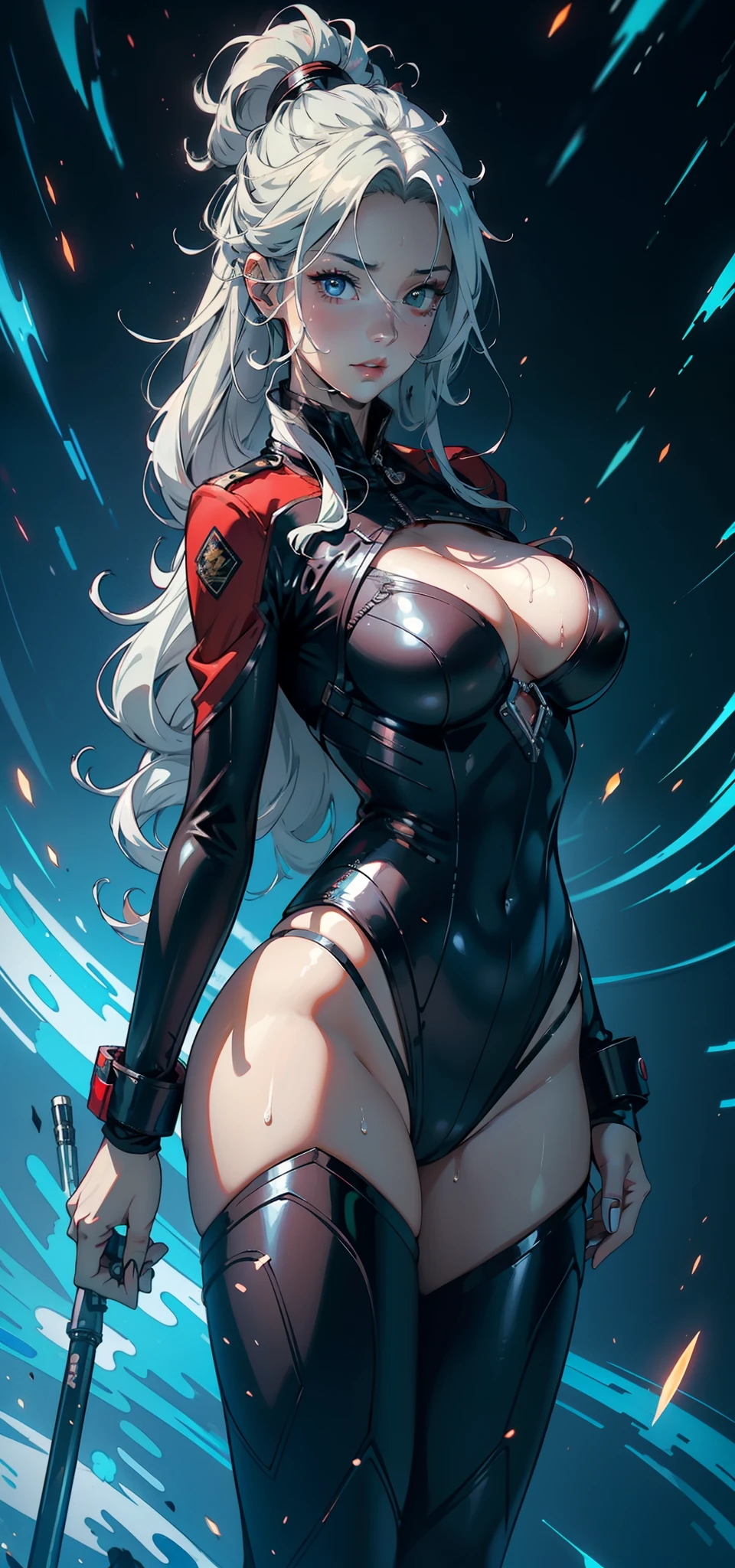 1female,35yo,熟妇,Large breasts,Pornographic exposure, 独奏,(Background with:ln the forest,the rainforest,in summer) She has long silver-white hair that drifts in the wind,standing on your feet,Sweat profusely,drenched all over the body,seen from the front, curlies, mostly cloudy sky,(((tmasterpiece),(Very detailed CG unity 8K wallpaper),best qualtiy,cinmatic lighting,detailed back ground,beatiful detailed eyes,Bright pupils,blue color eyes,(Very fine and beautiful),(Beautiful and detailed eye description),ultra - detailed,tmasterpiece,)),facing at camera,A high resolution,ultra - detailed),revealing breasts,Bare genitalia, Bulge,Camel toes,Raised sexy,Flushed complexion,Open-mouthed,frontage,girl soldier,(Wearing:Red military uniform,Black jumpsuits,a black cloak)nakeness,high-heels,Mechanical prosthetics,cyber punk perssonage