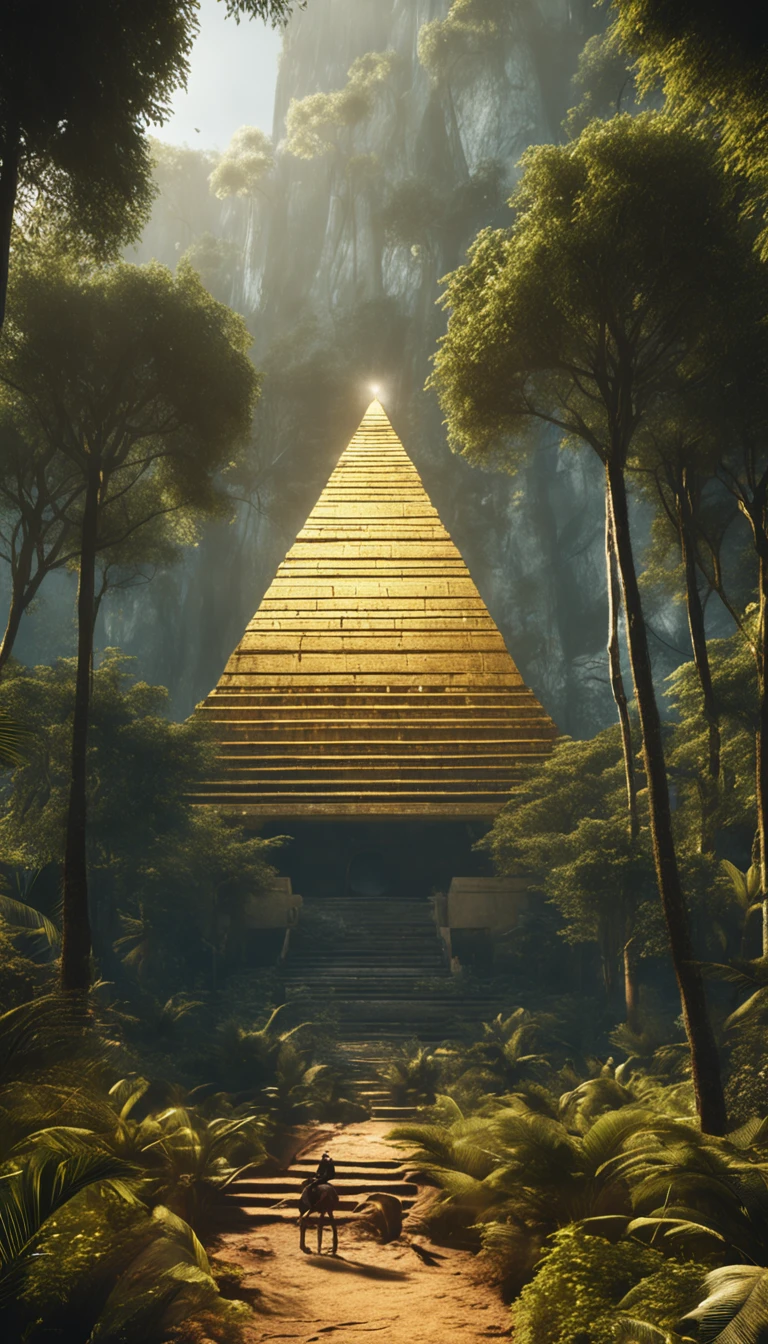 O Dourado, The lost city seen among the trees of a dense forest, A large golden pyramid seen from afar among the trees of an enclosed forest shining with sunlight, fotografia realista.