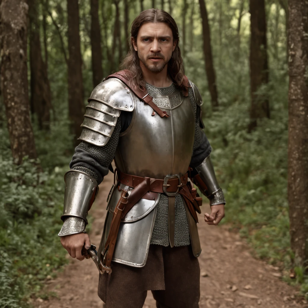 (Professional 3D rendering:1.3) de (Realistic:1.3) Foto de arte mais bonita do mundo, Apresenta jovem soldado medieval, 30 anos de idade, masculino, suaves e brilhantes, ((Epic hero without helmet, armadura medieval, Angry soldier, long hair, short beard and fierce expression in dynamic pose, Location walking on a forest road at night, fantastical, majestoso ambiente noturno, lua aparecendo, big trees, uma grande pedra de 50 quilos no meio da estrada, )), corpo inteiro 8k unidade render, action shot, poros da pele, very dark lighting, sombreamento pesado, circunstanciado, Rosto detalhado, (vibrante, fotogrdeia realista, Realistic, Dramatic, Escuro, foco nítido, 8k), (Old leather clothes damaged by bad weather:1.4), ((((Use peles)))), (intrincado:1.4), decadente, (altamente detalhado:1.4), pintura digital, rendering by octane, art stations, Conceito-Arte, liso, foco nítido, illustration, germe da arte, (Loish:0.23), Wlop Ilya Kuvshinov, e Greg Rutkowski e Alphonse Mucha Gracias, (global ilumination, studiolight, Light Volumetric), chuva forte, floating particles, patife, fantasia, Onze, corpo inteiroesbian, ((Fundo escuro e antigo da cidade:1.3)),CGSesociedade,art stations