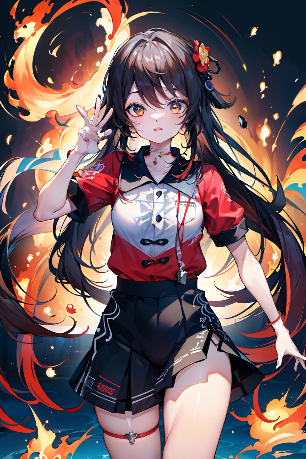 Illustration, UHD, retina, masterpiece, accurate, anatomically correct, super detail, high details, high quality, award winning, best quality, highres, good anatomy, 1080P, HD, 4K, 8k, 16k, 1girl, dynamic pose, androgynous, Hu Tao, genshin impact, wearing a Mcdonalds uniform