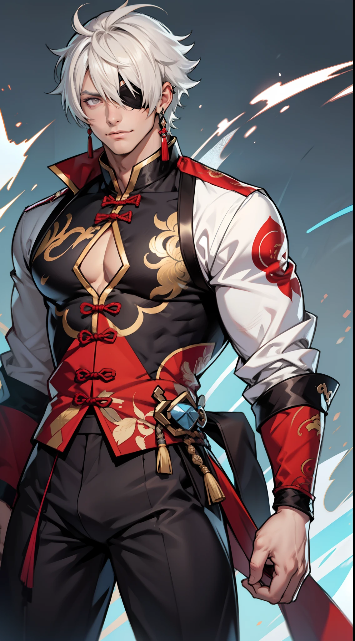 Handsome male. 6 ft 5 tall man. White hair. Short hair. Grey eyes. Eyepatch. Earrings. Toned body. Muscular male. Traditional chinese clothes. Genshin Impact. Wears eyepatch. Hydro vision. Bulge in pants