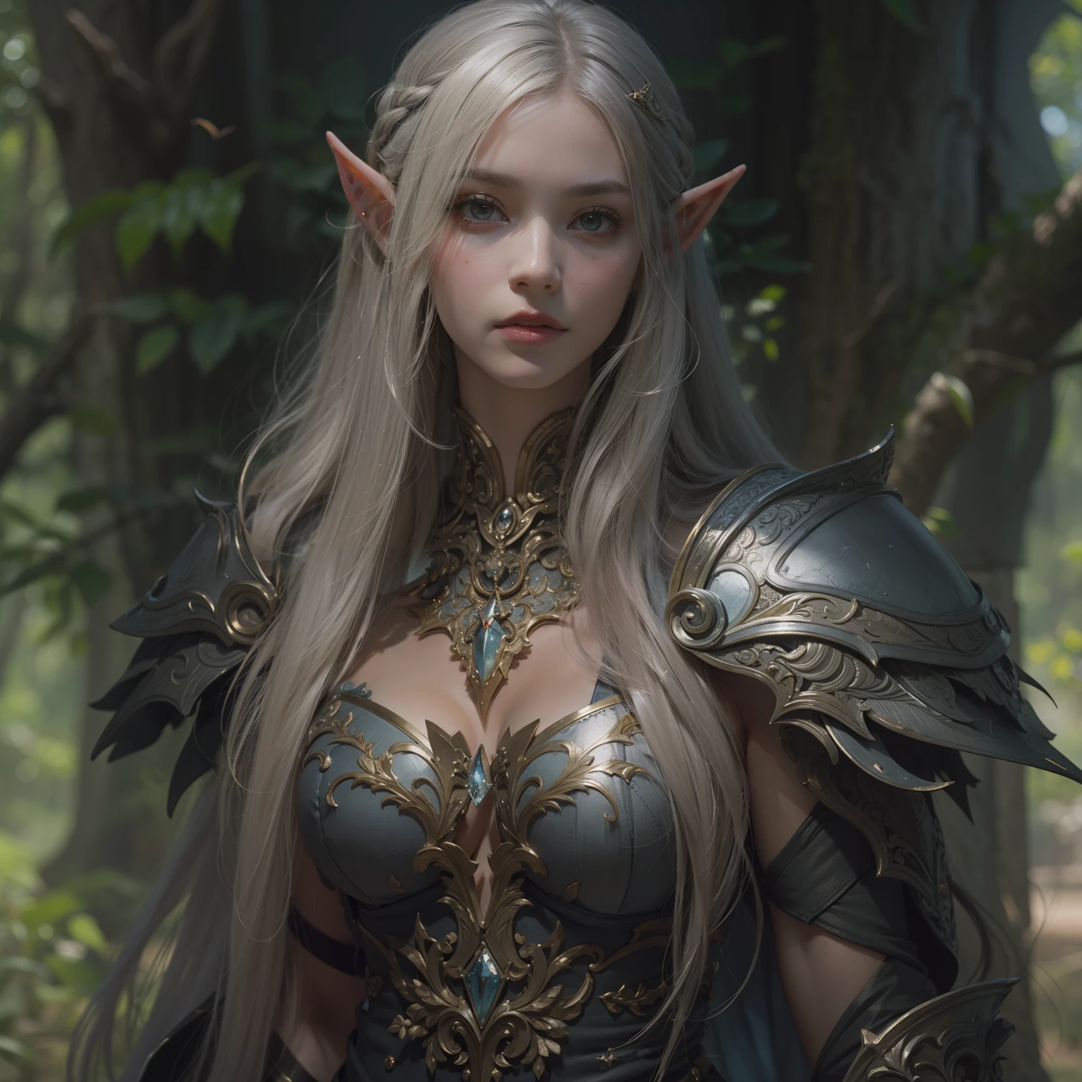 Beautiful portrait painting of perfect female elf warrior, shapeless long hair, perfect features, (wearing ornate elven armor), abstract beauty, near perfection, pure form, dynamic pose, ethereal background, (deep dark shadows), cinematic lighting, concept art by Greg Rutkowski and John William Waterhouse, intricate detail, 8k post-production, High resolution, super Detail, trending on ArtStation, sharp focus, depth of field f/1.8, studio photos.