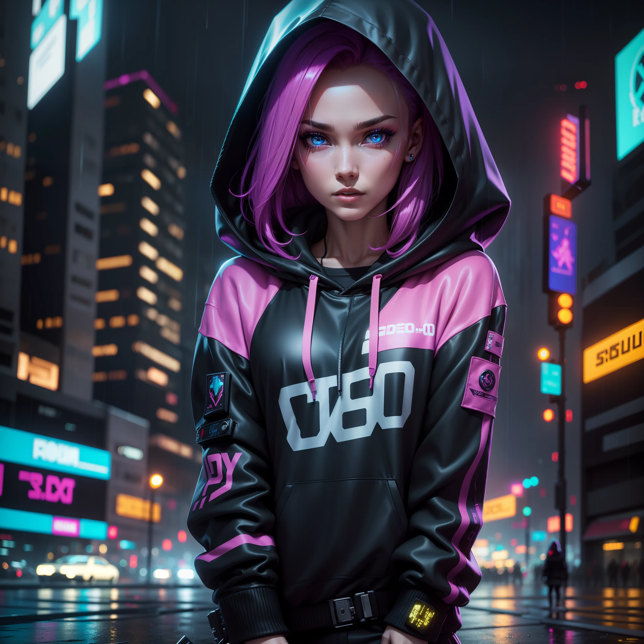 solo, a beauty woman，cyberpunk and need for speed，hoodie with cyberpunk features, sparkle eyes, blue pupils, perfect eyes, rainy cyber punk city intersection, detailed rain , thin gap, portrait 35 mm, detailed bokeh background, high resolution, 8k,