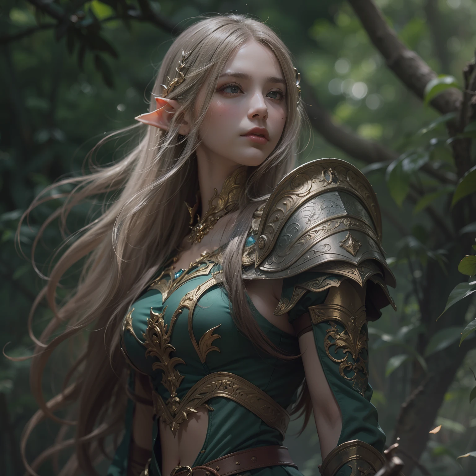 Beautiful portrait painting of perfect female elf warrior, shapeless long hair, perfect features, (wearing ornate elven armor), abstract beauty, near perfection, pure form, dynamic pose, ethereal background, (deep dark shadows), cinematic lighting, concept art by Greg Rutkowski and John William Waterhouse, intricate detail, 8k post-production, High resolution, super Detail, trending on ArtStation, sharp focus, depth of field f/1.8, studio photos.