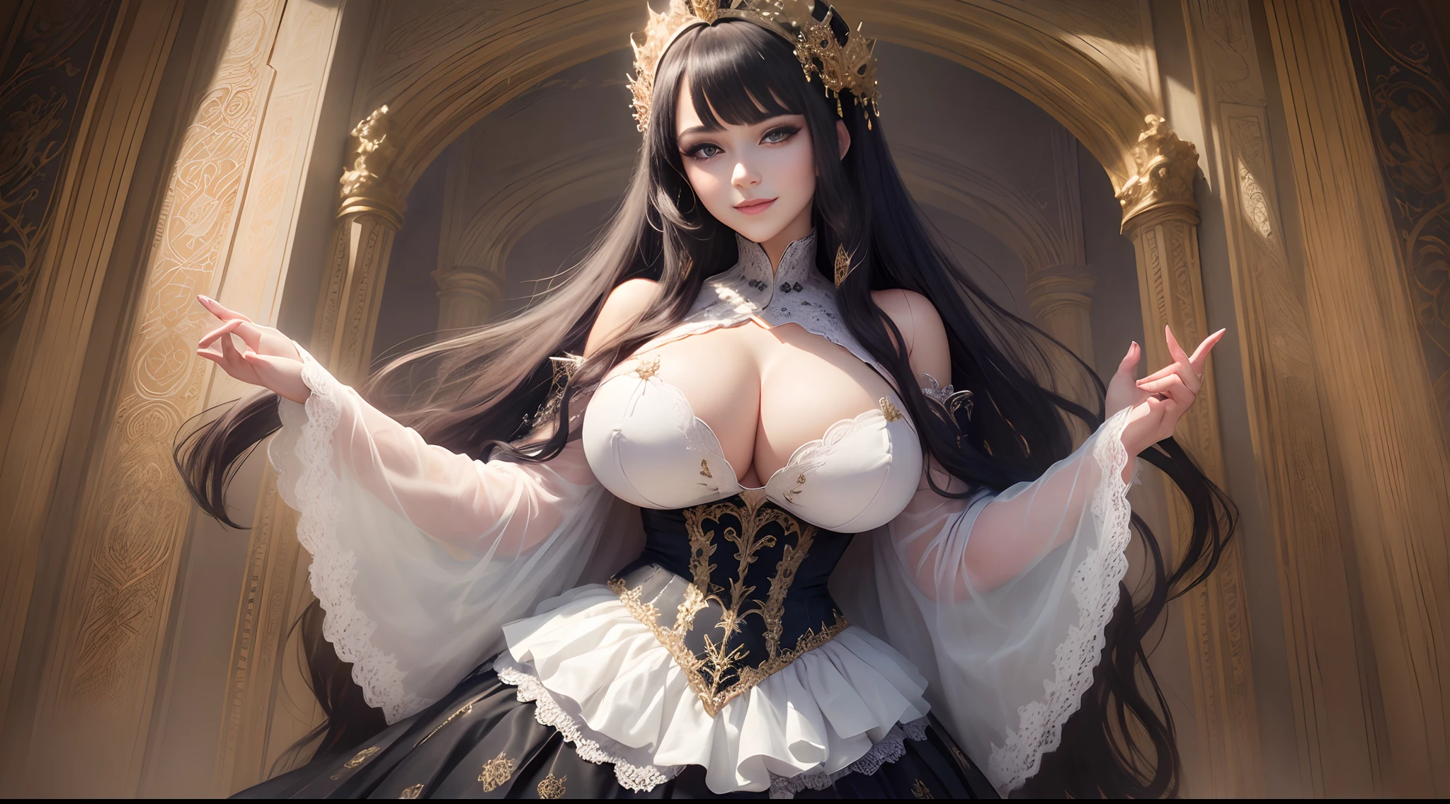 (Masterpiece),(Best Quality), (Super Detail),((Very Beautiful)),(((Solo))),((full body portrait)),((1 arrogant queen in beautiful embroidery black)),((crinoline)),gorgeousfull embroidery,Long train((arrogant,haughty)),(((arrogant smile))),Sharp eyes, lift skirt,sunlight,detailed face and eyes,jewel-like eyes,Purple eyes,(Bangs between eyes),extremely Long voluminous Hair)),((gigantic tits,Long tits)),gorgeousfull embroidery, open cleavage,extremely gorgeousfull hair ornament,gorgeous corsage,(Dynamic Angle),Looking at viewer,(full body)), short skirt, beautiful white stockings, lace lingerie
