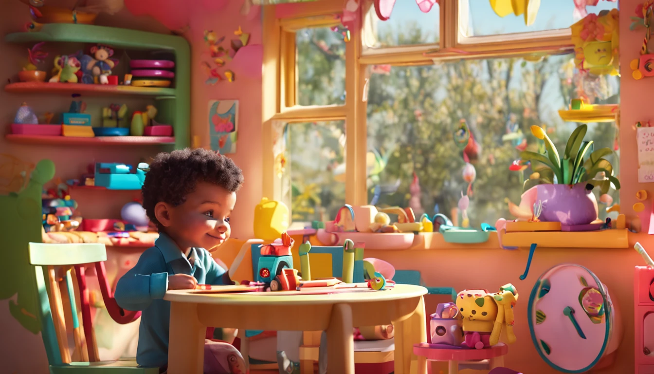 Craft a scene featuring a whimsical room with a seated at a vibrant, child-sized table. The natural light spills in through a large window, illuminating the room and the child's expression as they hold a phone, their excitement evident.