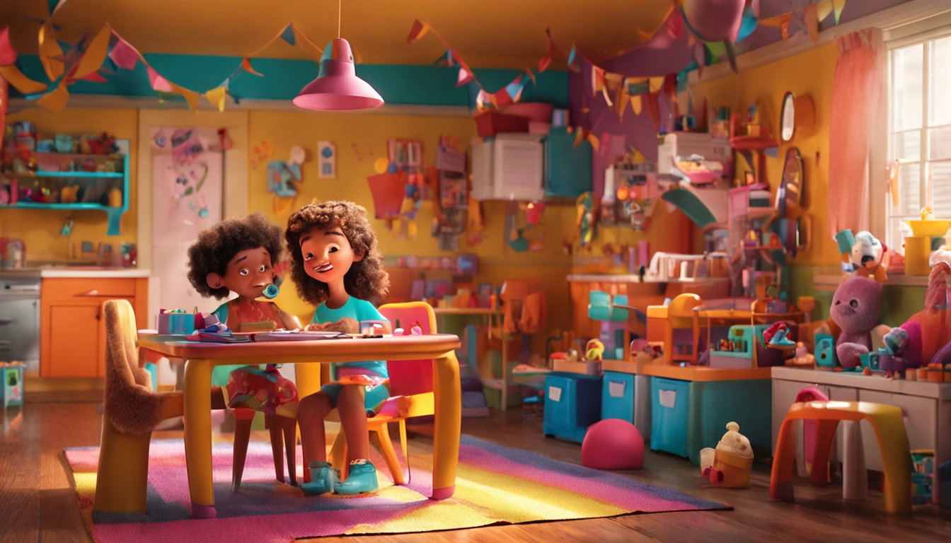 Craft a scene featuring a whimsical room with a child seated at a vibrant, child-sized table. The natural light spills in through a large window, illuminating the room and the child's expression as they hold a phone, their excitement evident.