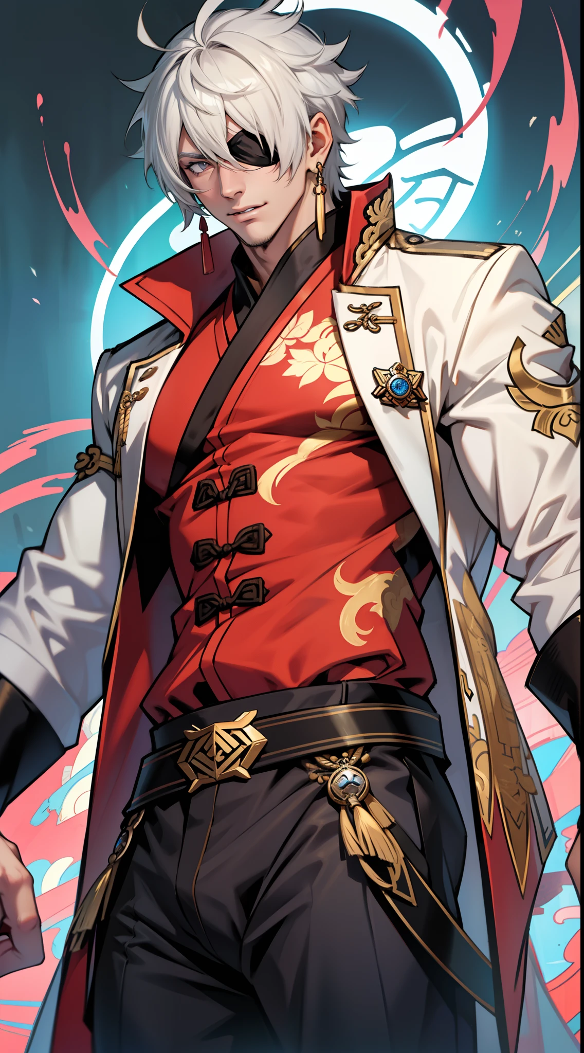 Handsome male. 6 ft 5 tall man. White hair. Short hair. Grey eyes. Eyepatch. Earrings. Toned body. Muscular male. Traditional chinese clothes. Genshin Impact. Wears eyepatch. Hydro vision. Bulge in pants