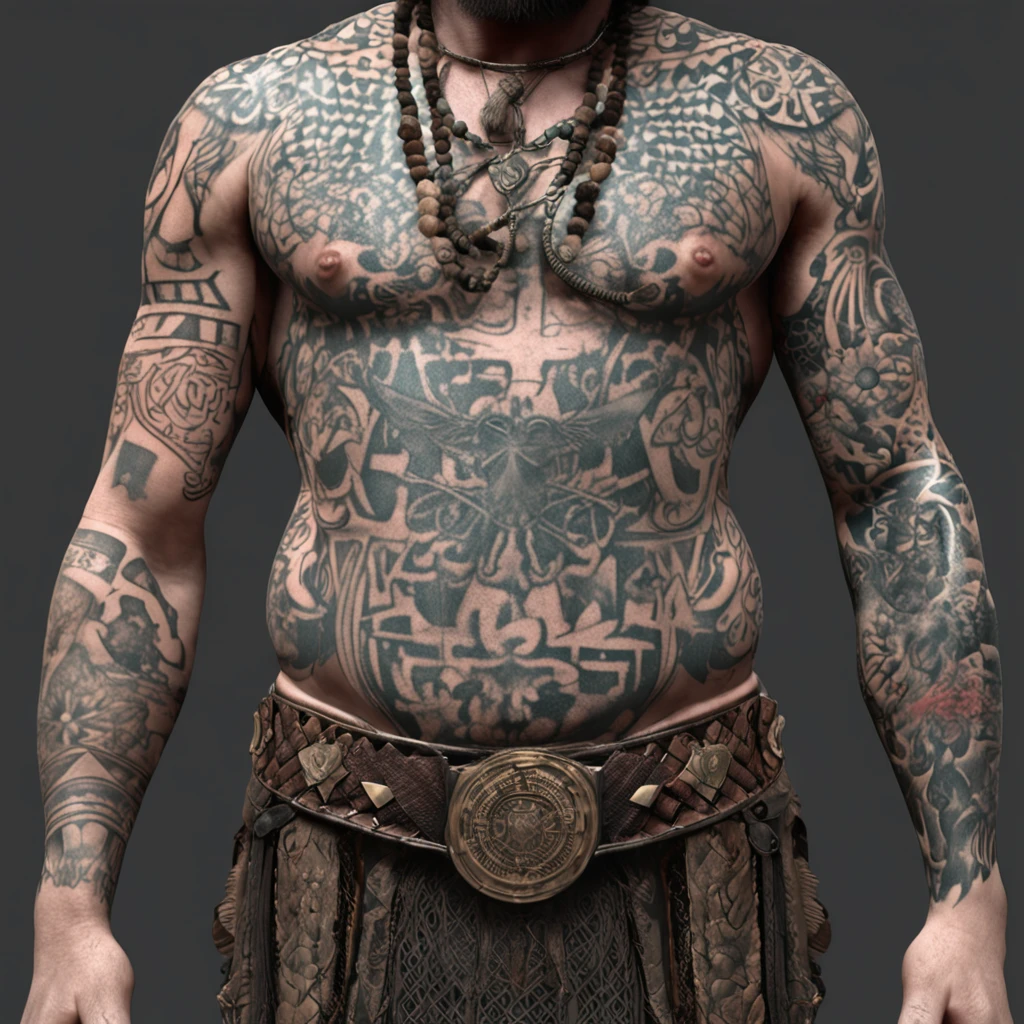 50 years old man with long beard, wearing a kilt ;standing full body ; celtic inspired tattooes to cover the whole body; tattoed chest; tattoed arms; tattoed legs; high resolution, hyperdetailed, hyperealistic, sharp focus, photo realistic, intricate details, highly detailed on arms, Best quality, Masterpiece, 超高分辨率, (photograph realistic:1.4), surrealism, Dream-like,fusionart, Shadowdancer, shadow magic, darkness control, stealth, shadowstep, umbral spells, hidden blade,