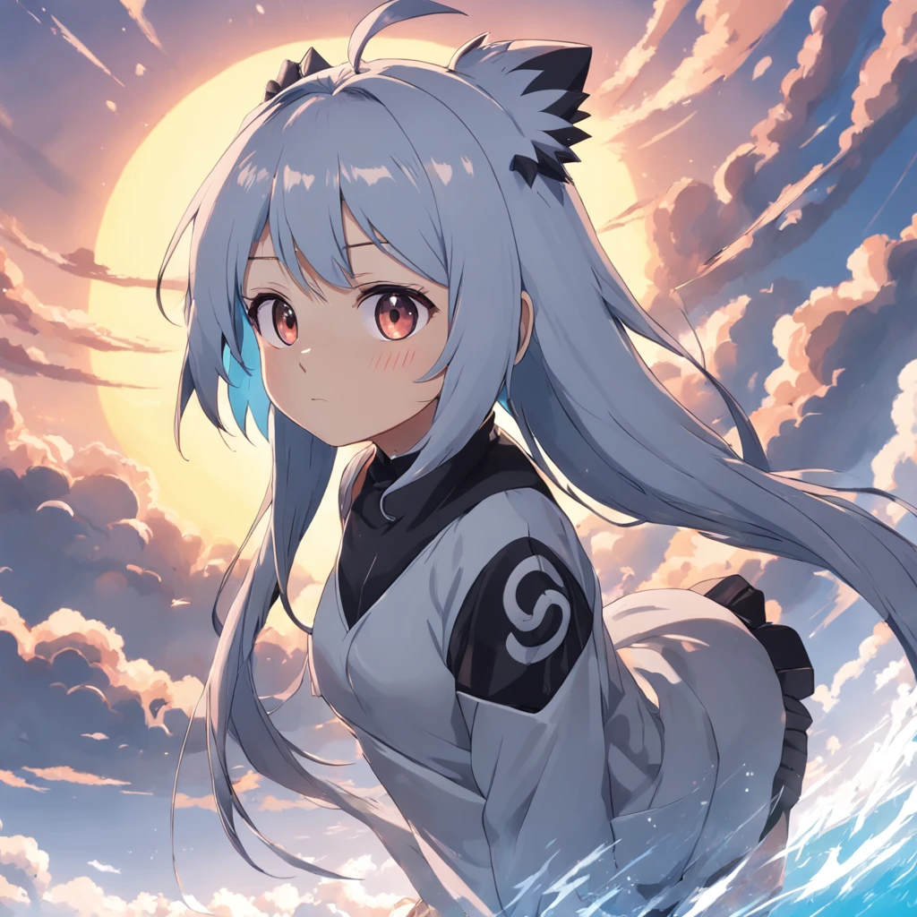 obra maestra, mejor calidad, Still film, 1人の女の子, Cloud Girl, flotando en el cielo, primer plano, brillante, feliz, soft warm lighting, puesta de sol (chispas: 0,7) hinata hyuga, anime de naruto, sexy, cabello negro, ojos blancos usando el byakunga, usando un top, son senos grandes, cuerpo voluptuoso, 8k, hermosa, linda, sexy, seductora, escote prominente, timida, cabello de hongo largo, usando la banda de su aldea, In addition to wearing your characteristic sweater, abajo de su sueter tu malla, de igual manera se le nota los grandes y bonitos senos