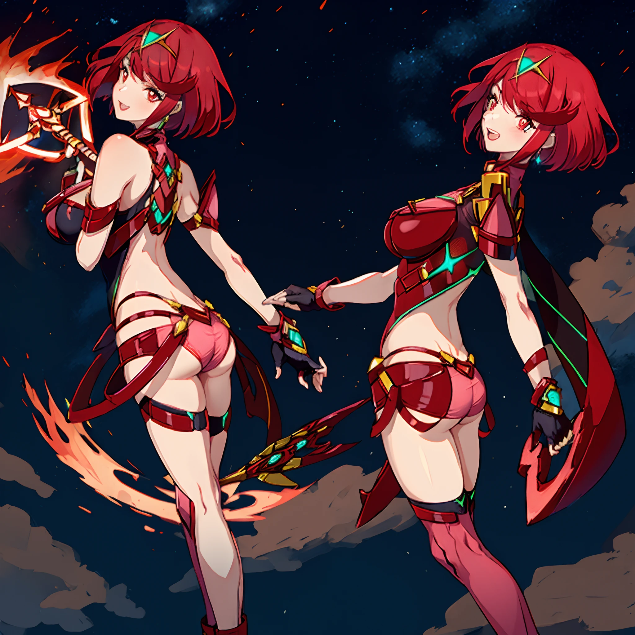 pyra \(xenoblade\), _1girl, lolimor, bangs, black gloves, breasts, red eyes, closed mouth, earrings, eyelashes, fingerless gloves, floating hair, framed breasts, gem, gloves, hair ornament, headpiece, jewelry, big_breasts, leaning back, leotard, neon trim, official art, pose, red hair, red shorts, saitou masatsugu, short hair, short shorts, short sleeves, shorts, sidelocks, skin tight, solo, standing, swept bangs, thighhighs, tiara, night_prairie_background, turtleneck, underbust, vambraces, xenoblade chronicles \(series\), (xenoblade chronicles 2), apart_legs, fire_effect,dynamic_pose,fighting,light_smile, (plump:1.1), big_ass,huge_sword, hold_large_sword_hilt, solo, covered_nipples, covered_pussy,open_mouth,back_view, fists,
