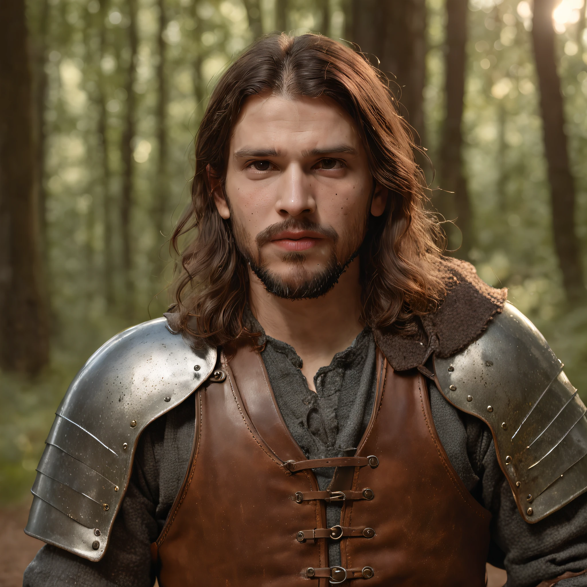 (Professional 3D rendering:1.3) de (Realistic:1.3) Foto de arte mais bonita do mundo, Apresenta jovem soldado medieval, 30 anos de idade, masculino, suaves e brilhantes, ((Epic hero without helmet, armadura medieval, Angry soldier, long hair, short beard and fierce expression in dynamic pose, Location walking on a forest road at night, fantastical, majestoso ambiente noturno, lua aparecendo, big trees, uma grande pedra de 50 quilos no meio da estrada, )), corpo inteiro 8k unidade render, action shot, poros da pele, very dark lighting, sombreamento pesado, circunstanciado, Rosto detalhado, (vibrante, fotogrdeia realista, Realistic, Dramatic, Escuro, foco nítido, 8k), (Old leather clothes damaged by bad weather:1.4), ((((Use peles)))), (intrincado:1.4), decadente, (altamente detalhado:1.4), pintura digital, rendering by octane, art stations, Conceito-Arte, liso, foco nítido, illustration, germe da arte, (Loish:0.23), Wlop Ilya Kuvshinov, e Greg Rutkowski e Alphonse Mucha Gracias, (global ilumination, studiolight, Light Volumetric), chuva forte, floating particles, patife, fantasia, Onze, corpo inteiroesbian, ((Fundo escuro e antigo da cidade:1.3)),CGSesociedade,art stations