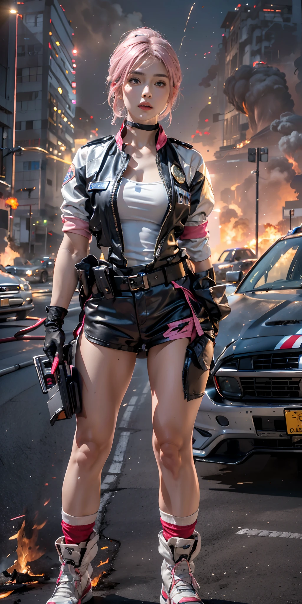 (Photorealistic, Ultra High Definition), ((close up:1, looking at viewer)), Soft light,1 police lady, Night City, (Detailed face), (Pink coiffed short-Hair: 1.3), (cloths color base on silver black pink red white), Futuristic Racing Suits, Police costume like Streetwear, police badge, High-Tech Headset, black army belt, racing gloves, hot pants or low miniskirts, holding a handgun, "POLICE", ((Background crashed cars, burning car, fire background, Explosions, Running Audience)),