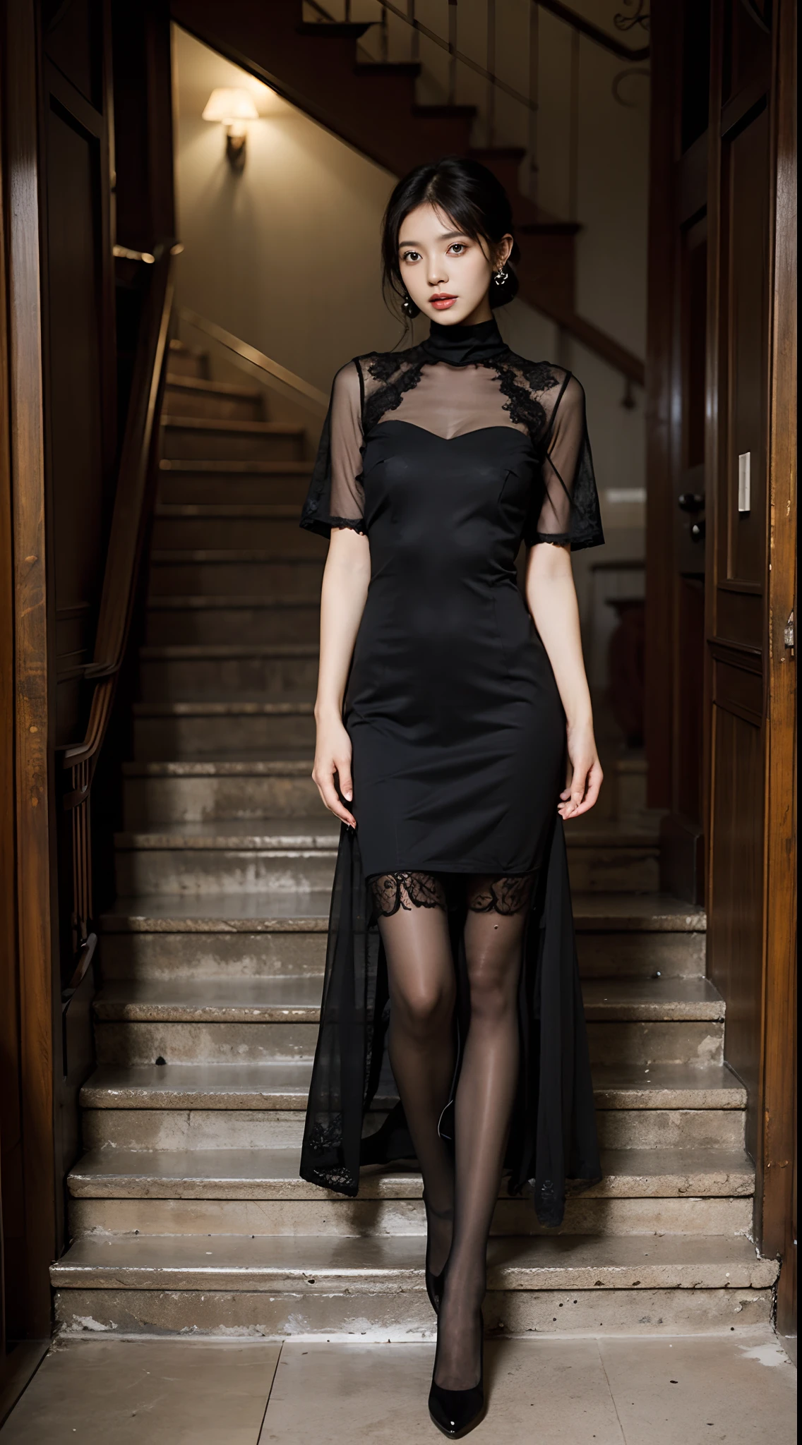One young, extremely tall slender and skinny albino woman on the hotel floor looking scared, touching herself, deeply ecstatic, extreme black high-heels, black pantyhose, long spread legs, long neck, short white hair, bob hairstyle, see-through barely visible black transparent long cyberpunk dress with gothic ornaments, fluffy skirt, long gloves, visible head to toe.