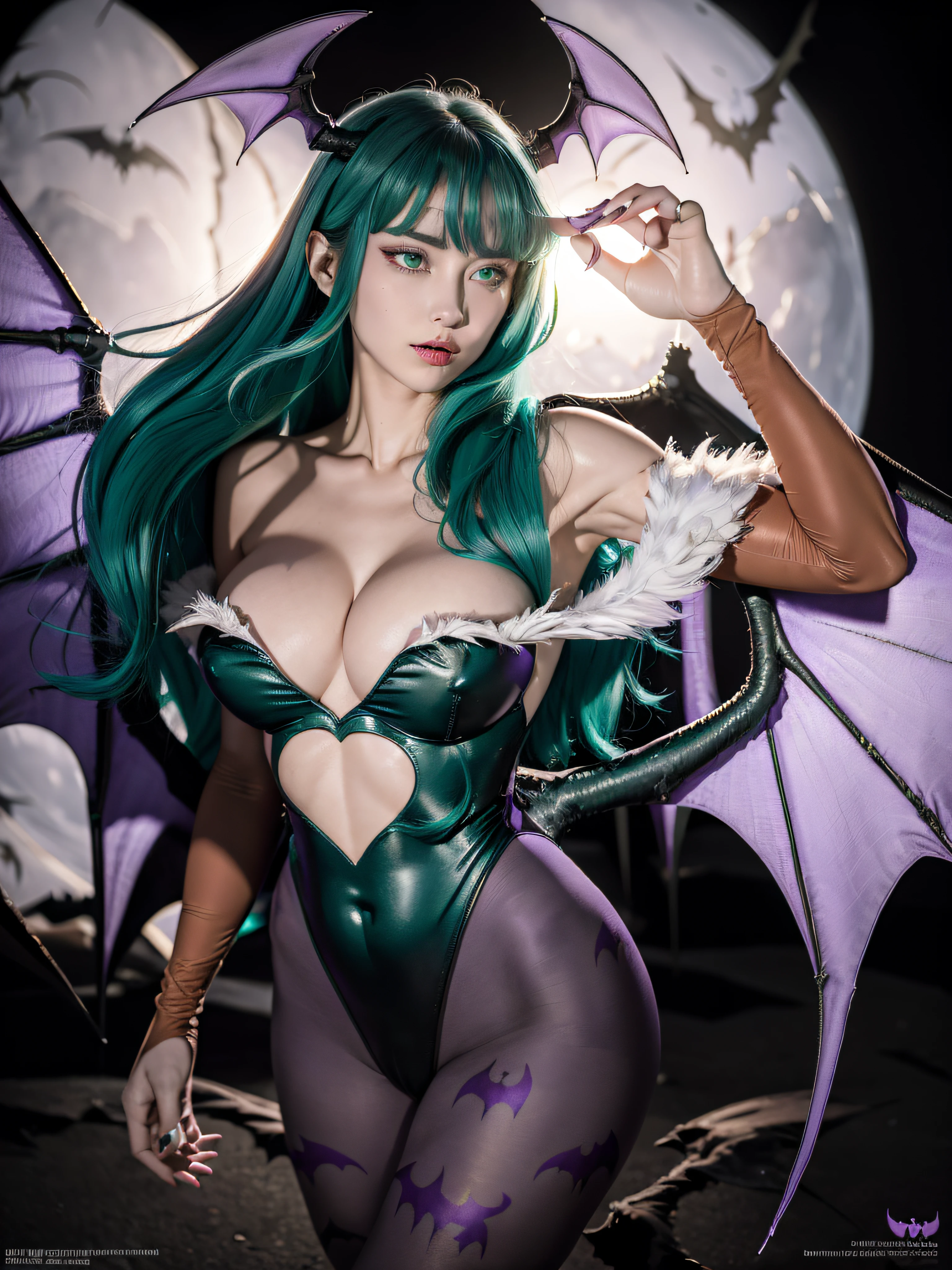 masterpiece, best quality,absurdres,CG, hd, 1girl, long hair, solo, breasts, print legwear, bat print, morrigan aensland, pantyhose, wings, head wings, large breasts, exposed ,detailed areola, bridal gauntlets, animal print, leotard, green hair, demon girl, cleavage, bare shoulders, purple pantyhose, looking at viewer, green eyes, detailed lush lips puckered, collarbone, bat wings, bangs, cowboy shot, covered navel, purple wings, low wings, black leotard, fingernails, nail polish, floating hair, fur trim, heart cutout, demon wings, standing, (leaning forward), long fingernails, bat (animal), highleg, clothing cutout, gloves, highleg leotard, motion hands blowing a kiss to viewer, parted bangs, v-shaped eyebrows, aqua eyes, pink lips, breast hold, night, aqua hair, lips, strapless, blunt bangs