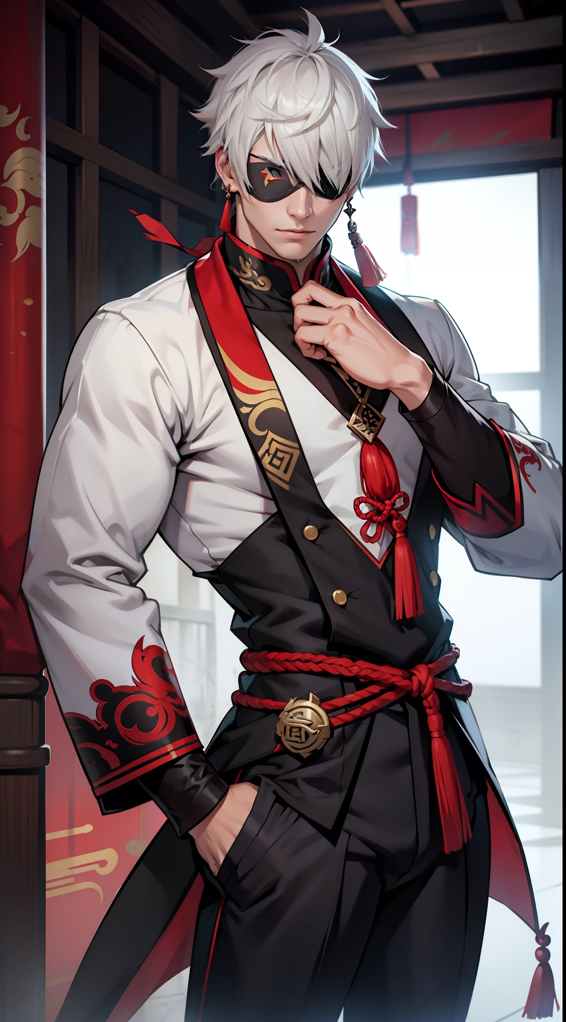 (masterpiece, best quality:1.2), 1male, solo, wei wuxian, mo dao zu shi, mdzs, black and red clothes, grey eyes, long black hair, perfect anatomy, red ribbon around the waist
